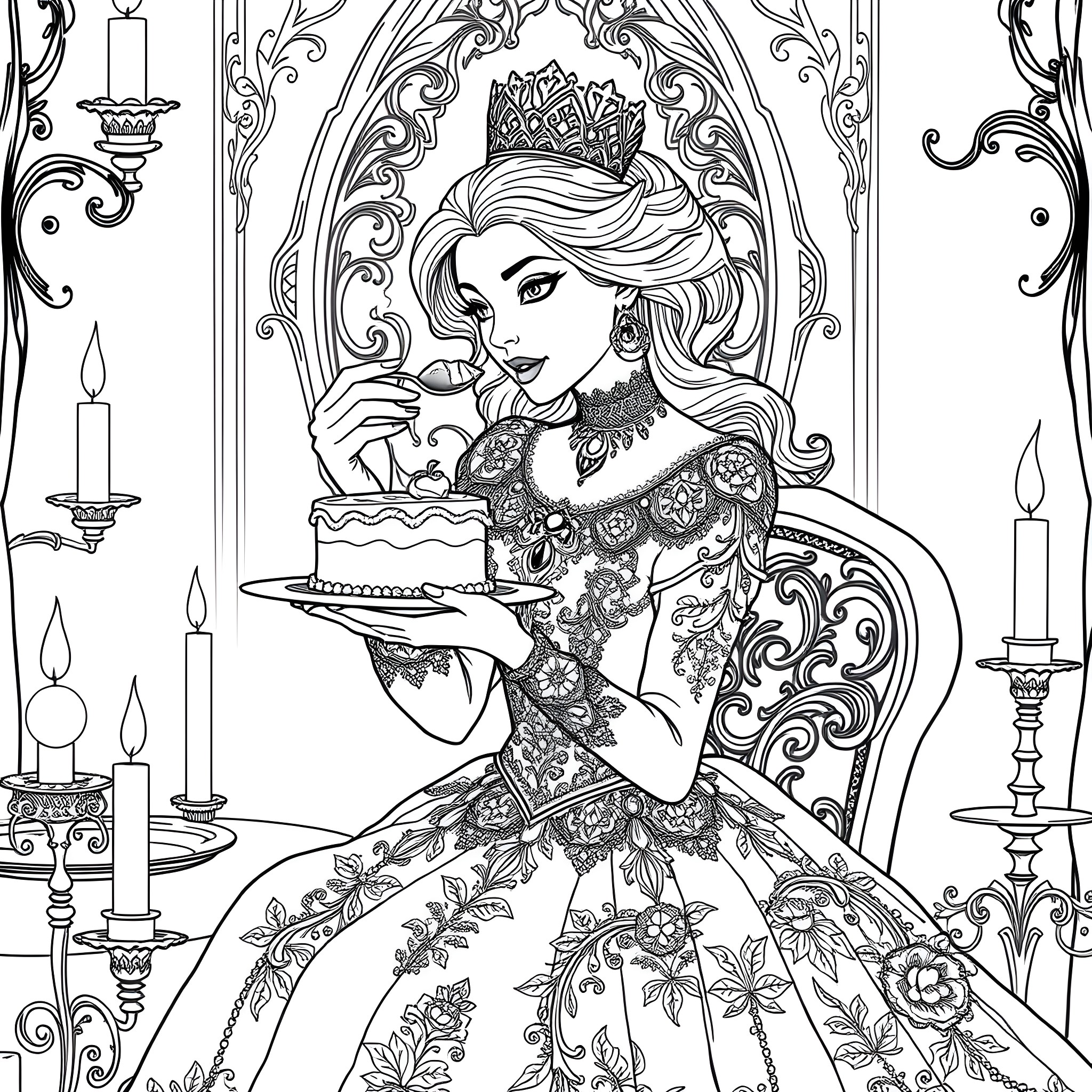 Vampire Princess Enjoying a Lavish Dessert Coloring Page (free black-and-white line drawing printable PDF for all, from beginners to advanced learners, including children, teens, adults, and seniors)