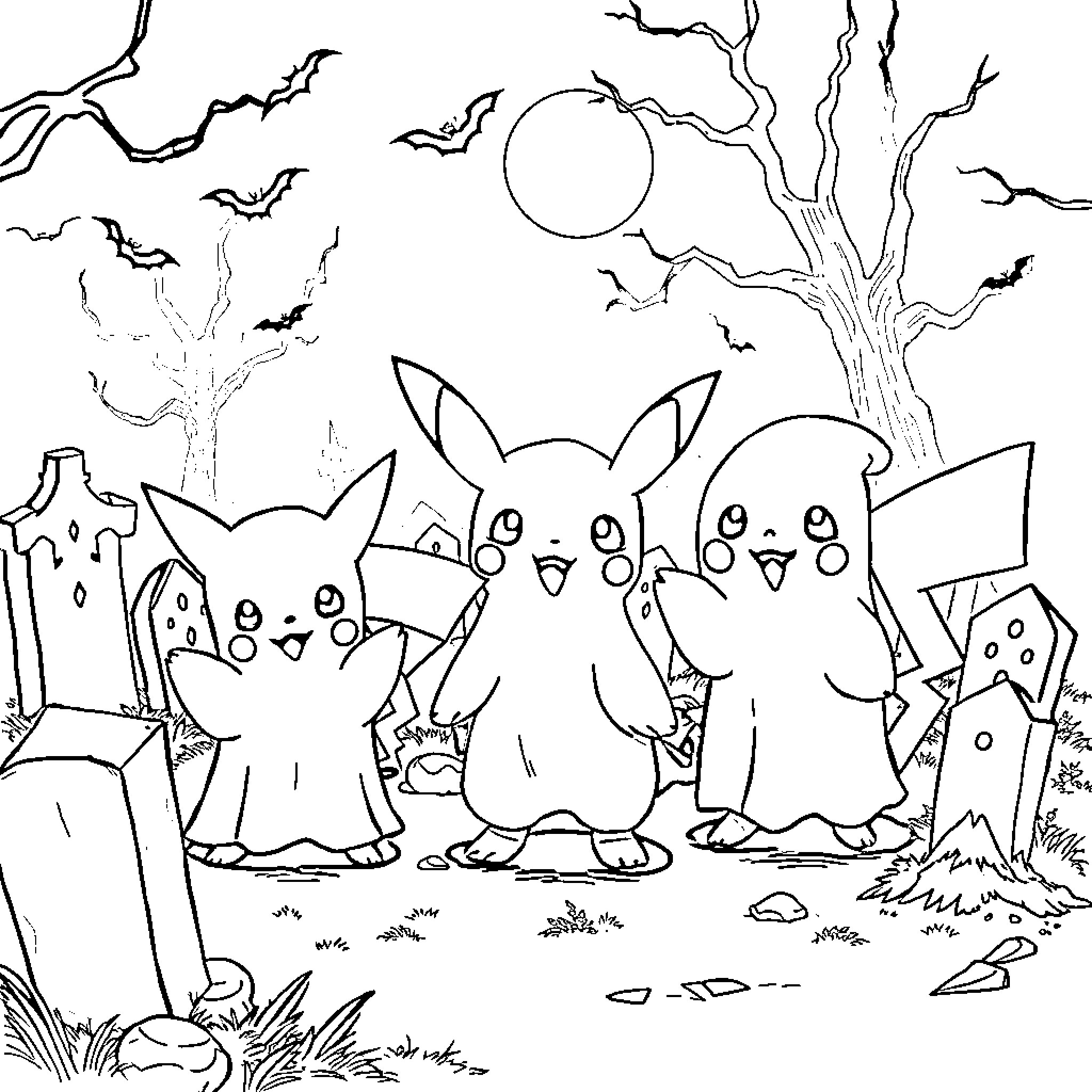 Pokémon characters enjoying a spooky Halloween night Coloring Page (free black-and-white line drawing printable PDF for all, from beginners to advanced learners, including children, teens, adults, and seniors)