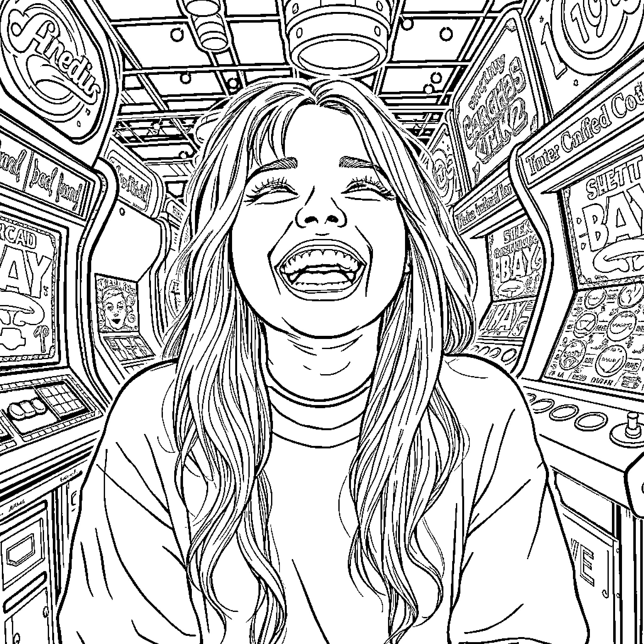 Billie Eilish enjoying an arcade experience Coloring Page (free black-and-white line drawing printable PDF for all, from beginners to advanced learners, including children, teens, adults, and seniors)