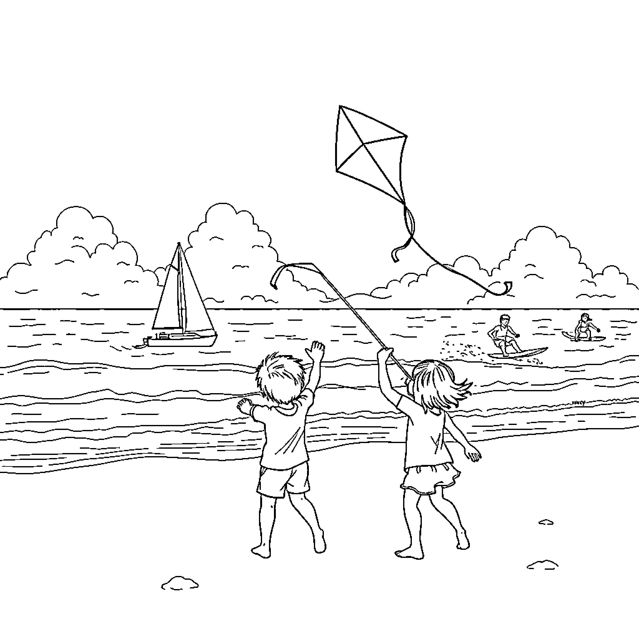 Kid flying kite at the beach Coloring Page (free black-and-white line drawing printable PDF for all, from beginners to advanced learners, including children, teens, adults, and seniors)