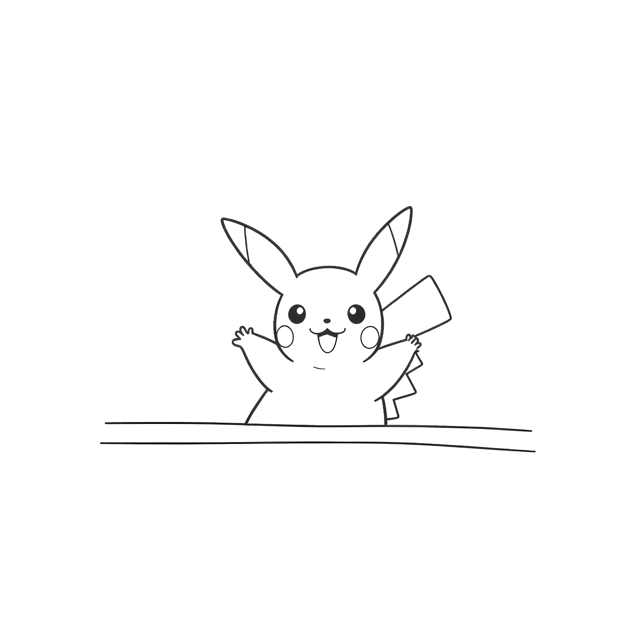 Pikachu cheering and waving happily Coloring Page (free black-and-white line drawing printable PDF for all, from beginners to advanced learners, including children, teens, adults, and seniors)