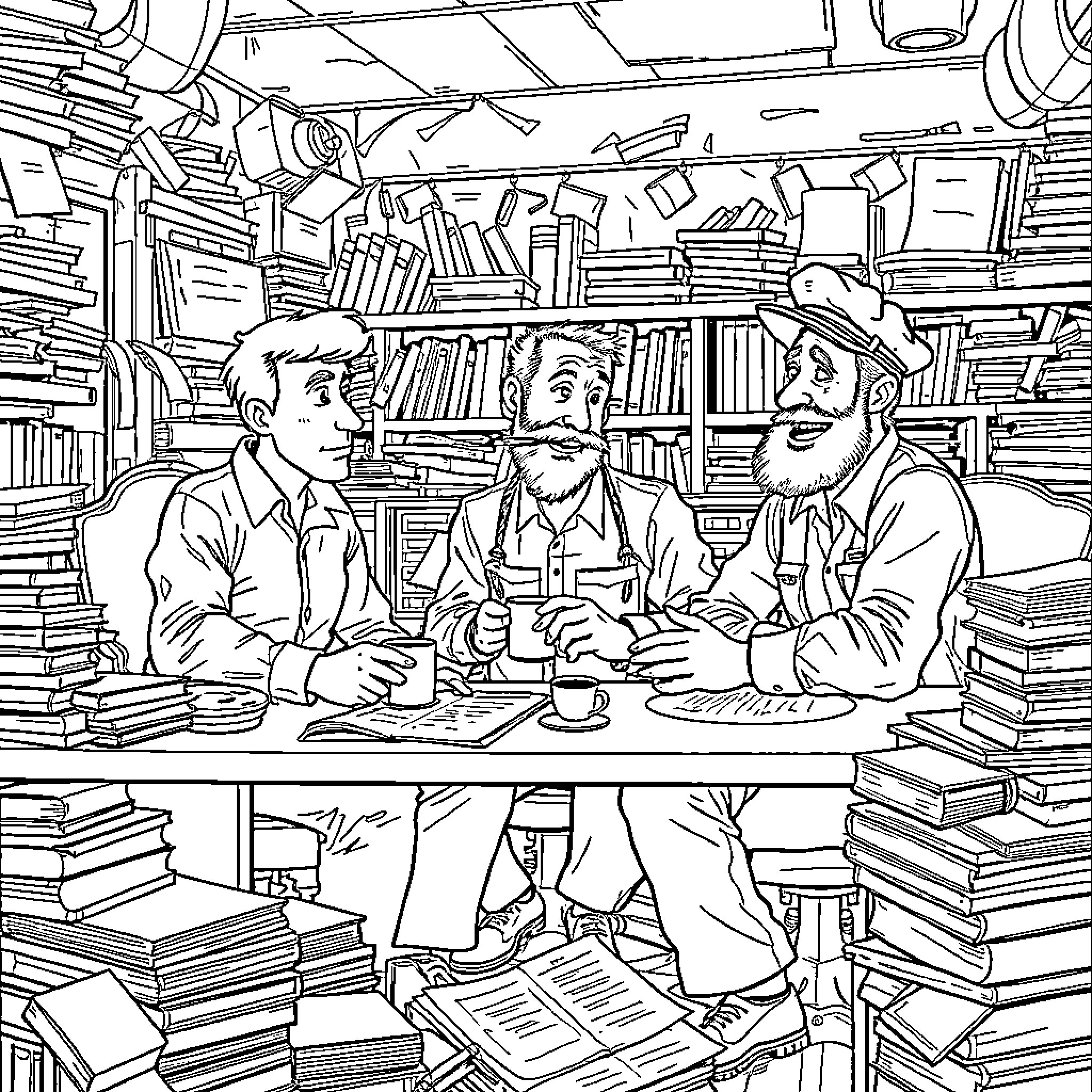 Man Discussing Books in a Cluttered Library Coloring Page (free black-and-white line drawing printable PDF for all, from beginners to advanced learners, including children, teens, adults, and seniors)