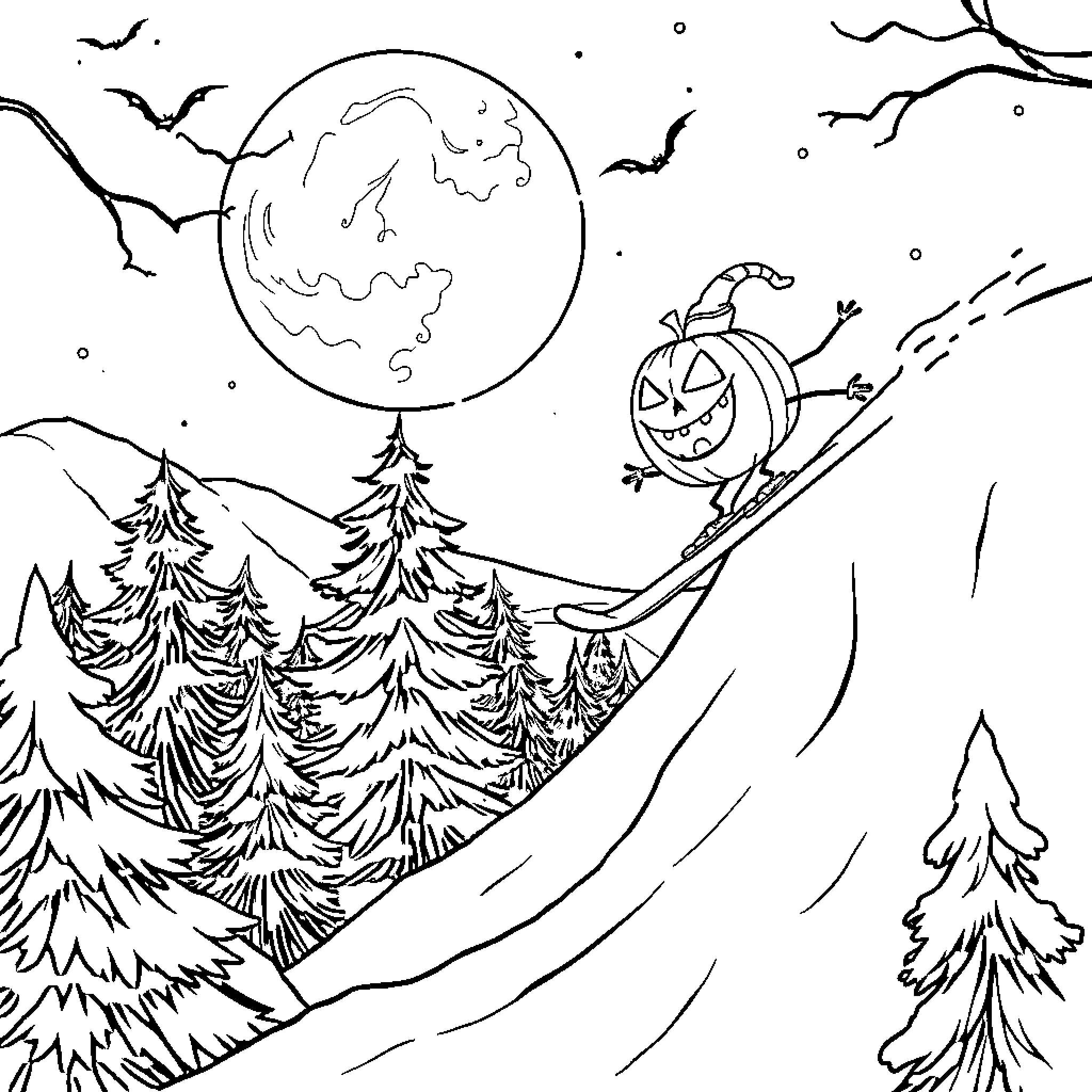 Pumpkin character sledding on a snowy night Coloring Page (free black-and-white line drawing printable PDF for all, from beginners to advanced learners, including children, teens, adults, and seniors)