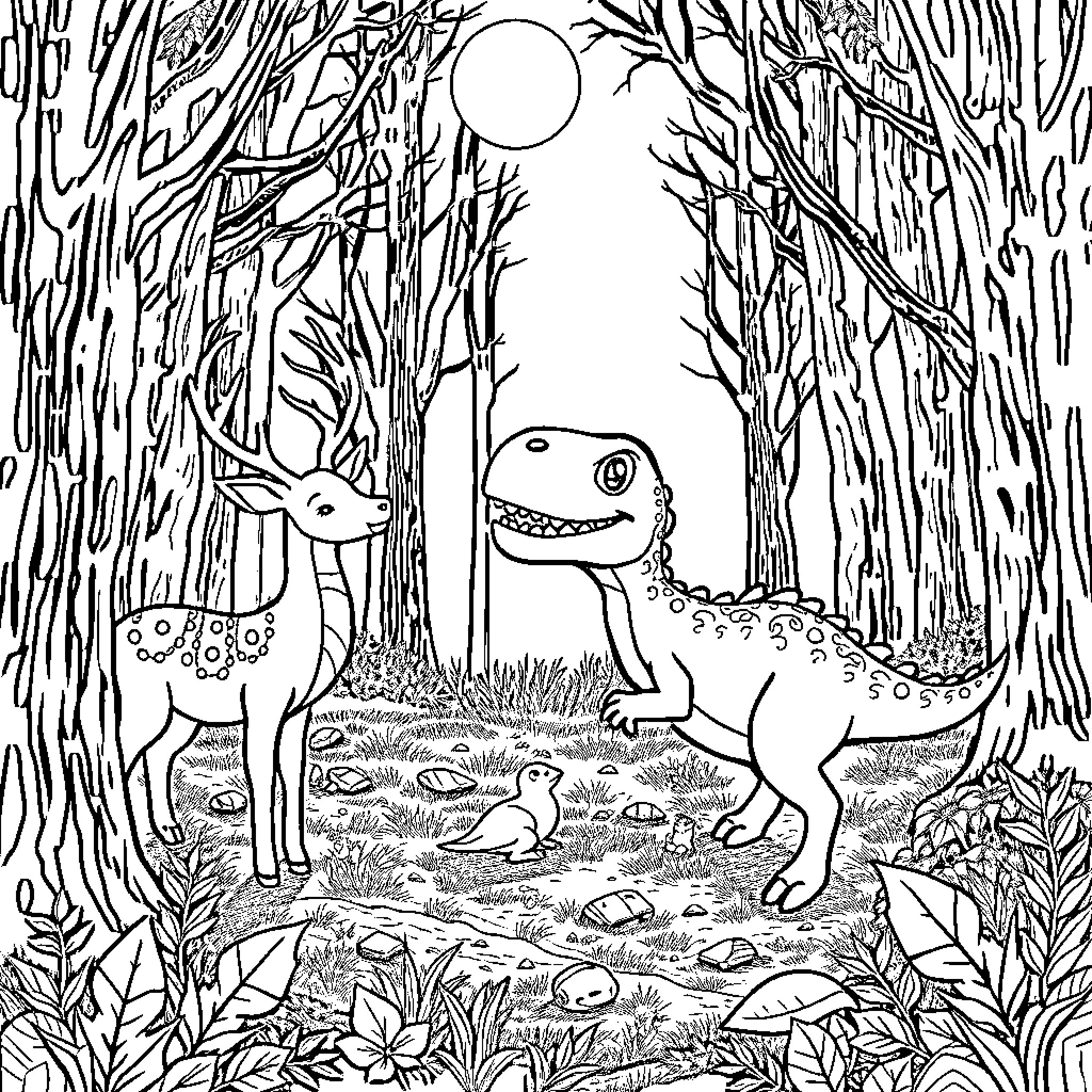 Deer and Dinosaur in Enchanted Forest Coloring Page (free black-and-white line drawing printable PDF for all, from beginners to advanced learners, including children, teens, adults, and seniors)