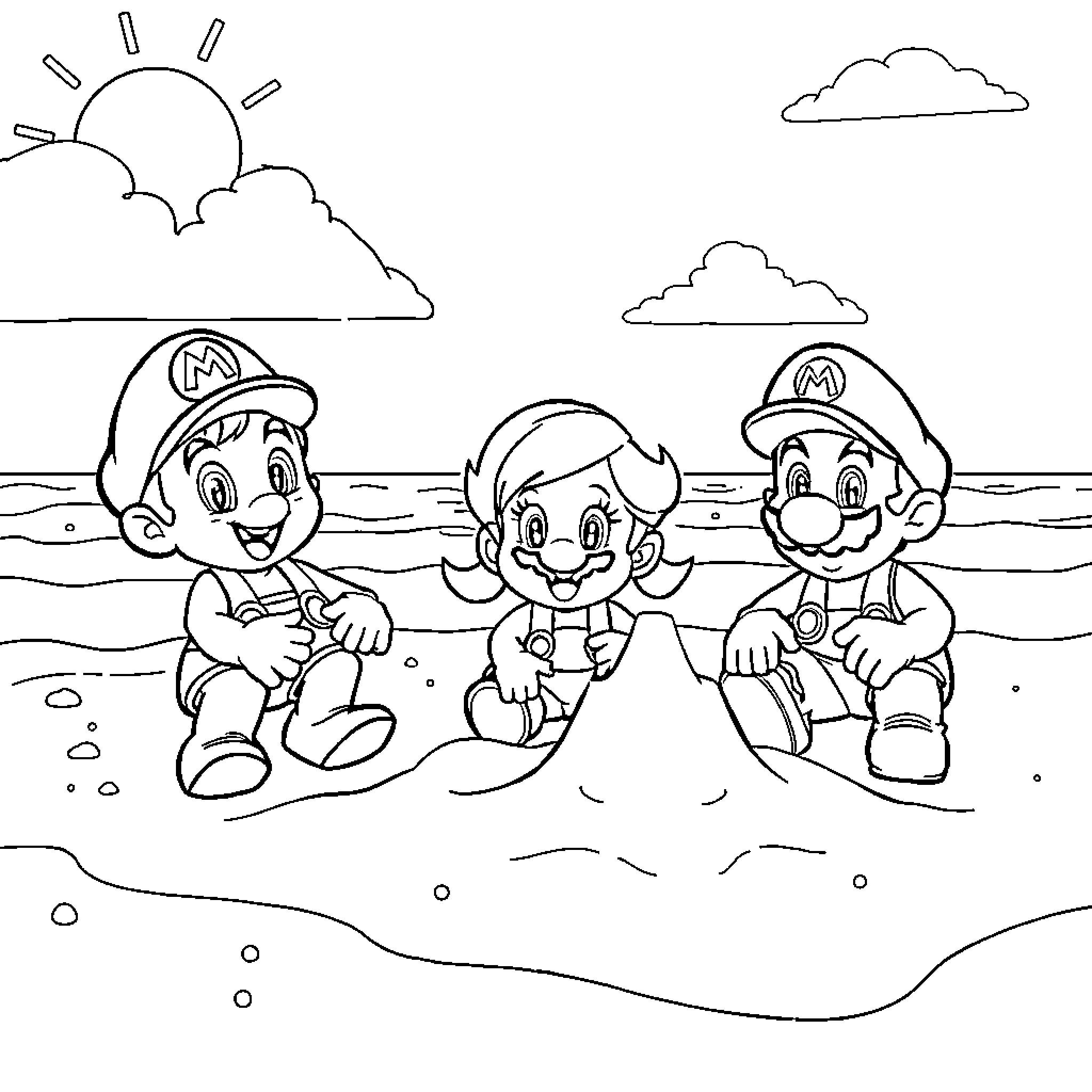 Gabby and friends enjoy a sunny day at the beach Coloring Page (free black-and-white line drawing printable PDF for all, from beginners to advanced learners, including children, teens, adults, and seniors)