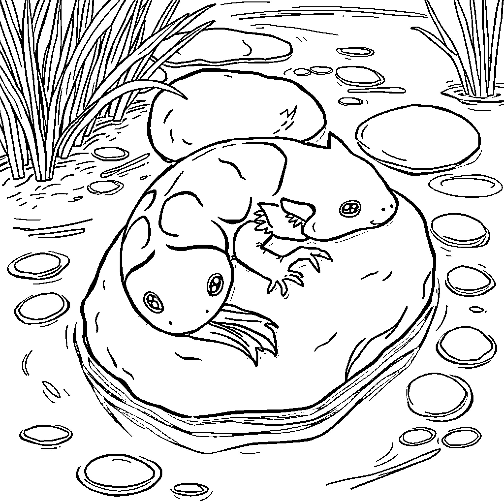 Axolotls swimming in pond with plants Coloring Page (free black-and-white line drawing printable PDF for all, from beginners to advanced learners, including children, teens, adults, and seniors)