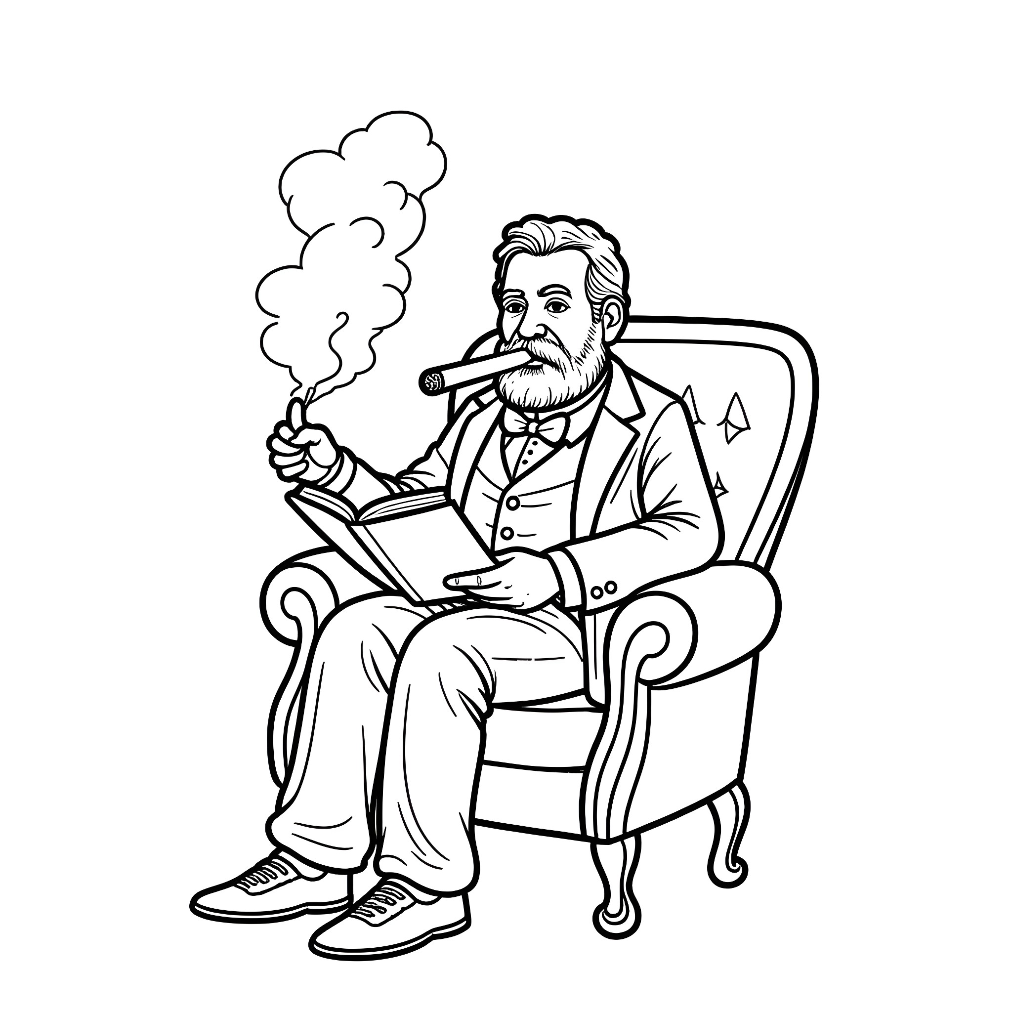 C. H. Spurgeon Reading in Armchair with Cigar Coloring Page (free black-and-white line drawing printable PDF for all, from beginners to advanced learners, including children, teens, adults, and seniors)