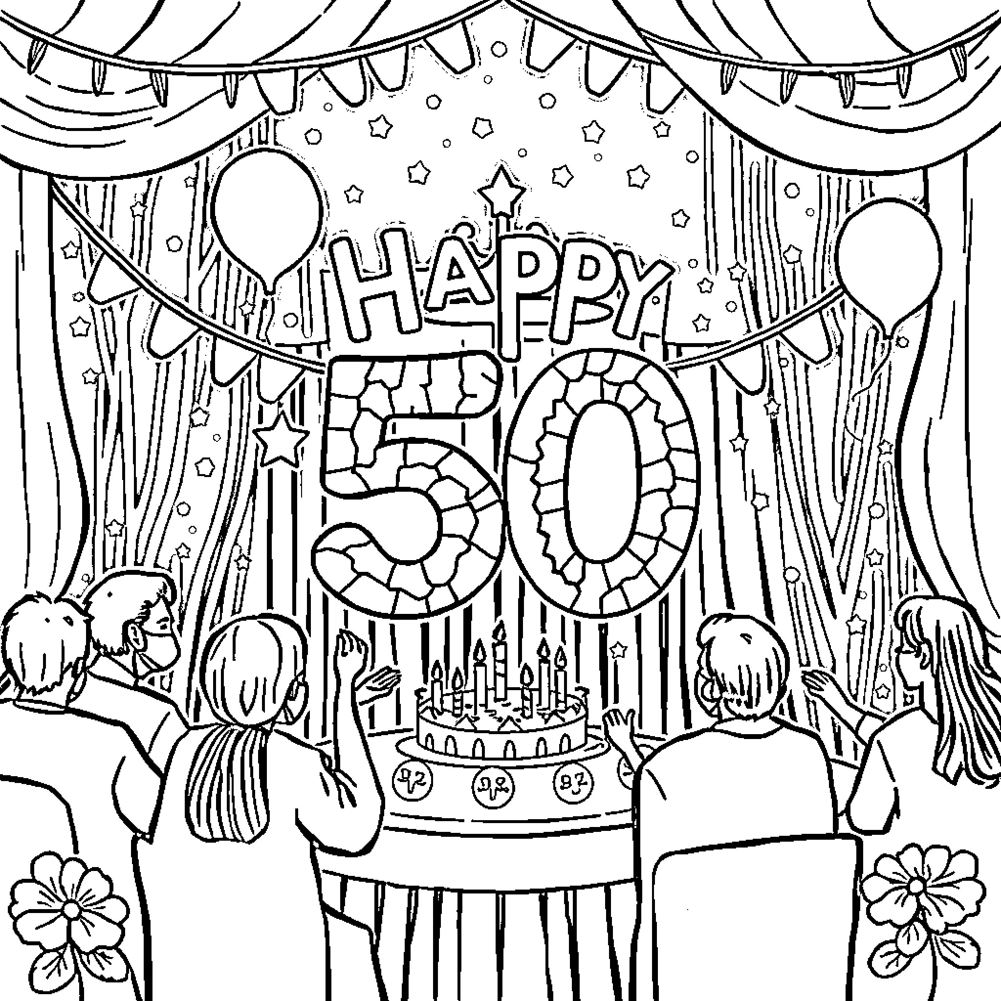 Pharmacy celebrating 50th anniversary with festive decorations Coloring Page (free black-and-white line drawing printable PDF for all, from beginners to advanced learners, including children, teens, adults, and seniors)