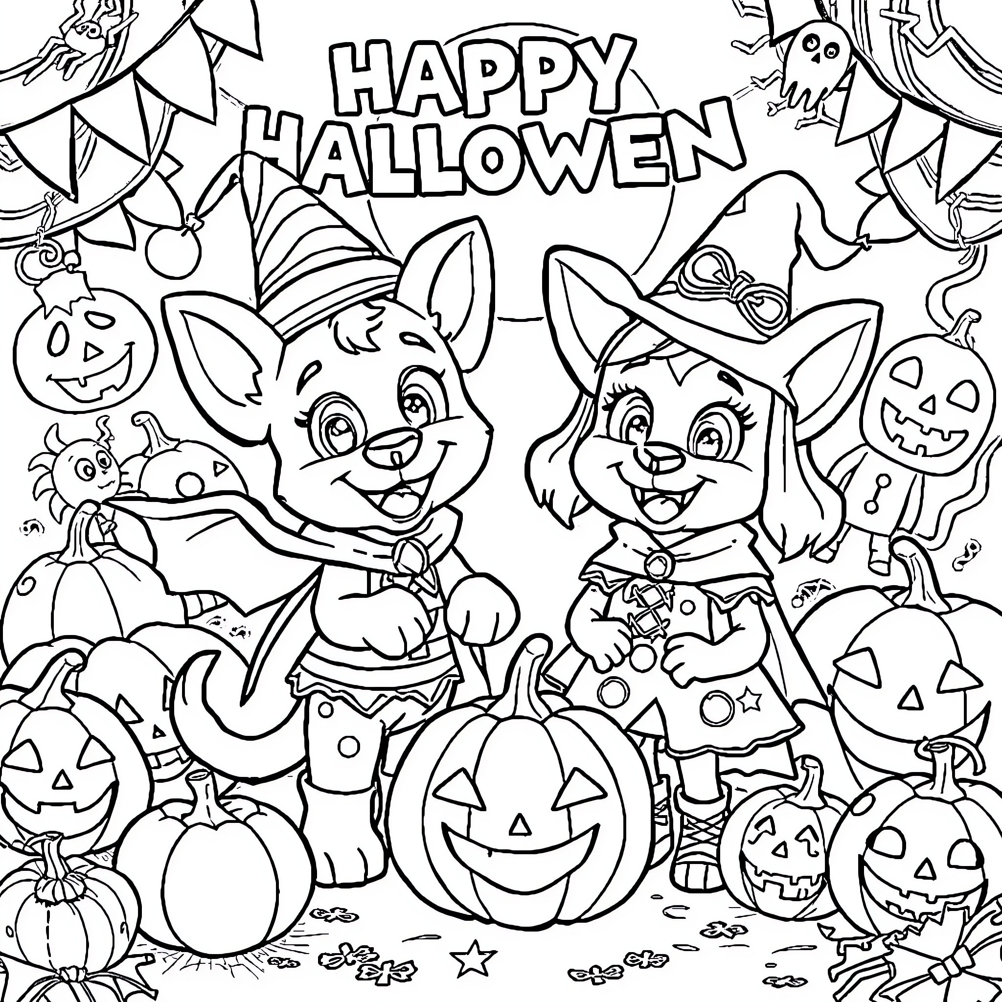 Bluey characters celebrate Happy Halloween with festive costumes and pumpkins Coloring Page (free black-and-white line drawing printable PDF for all, from beginners to advanced learners, including children, teens, adults, and seniors)