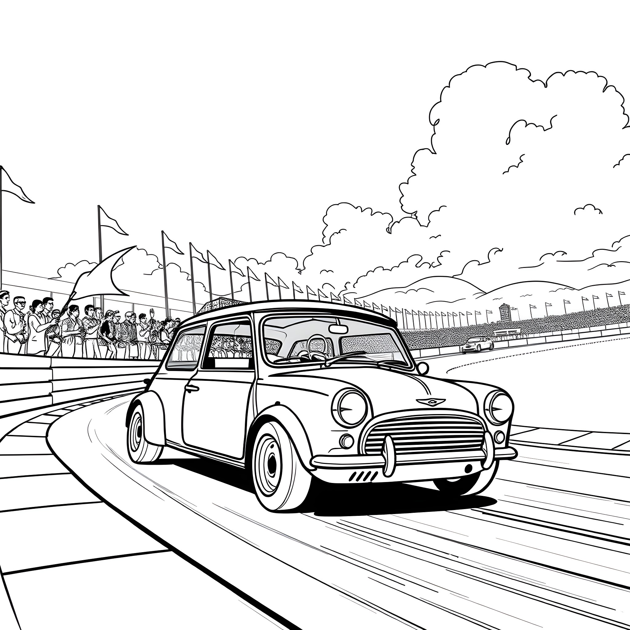Mini car racing on the track Coloring Page (free black-and-white line drawing printable PDF for all, from beginners to advanced learners, including children, teens, adults, and seniors)
