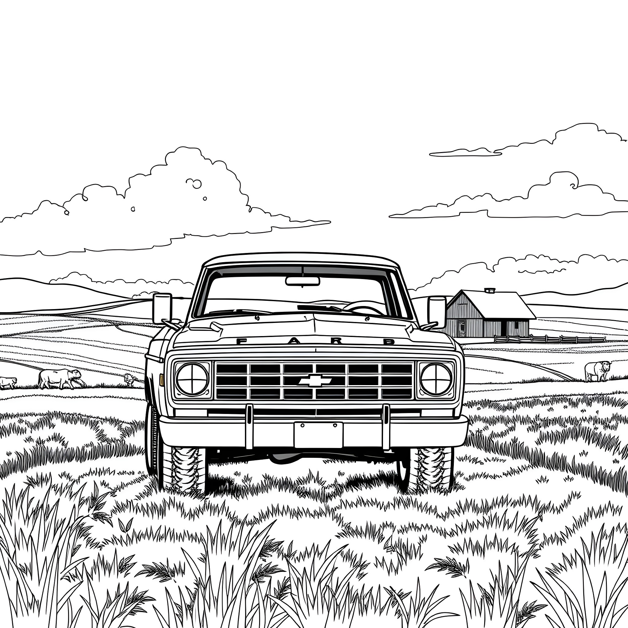 Pickup truck parked in a rural countryside scene Coloring Page (free black-and-white line drawing printable PDF for all, from beginners to advanced learners, including children, teens, adults, and seniors)