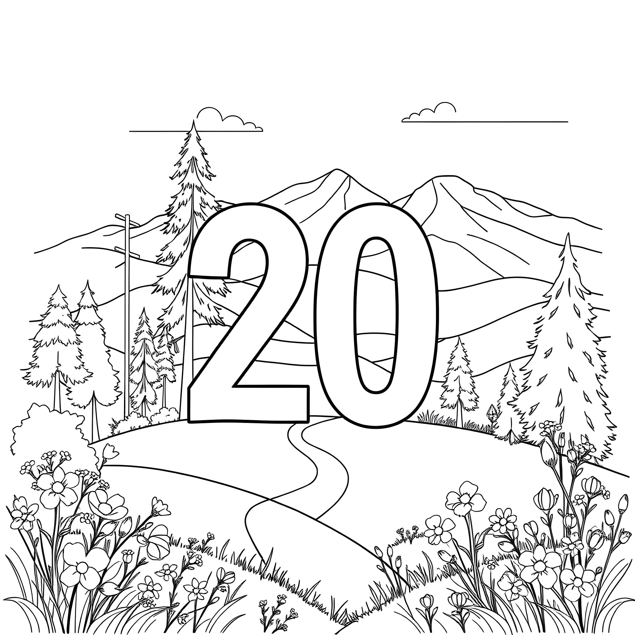 Number 20 in scenic mountain landscape with trees and flowers Coloring Page (free black-and-white line drawing printable PDF for all, from beginners to advanced learners, including children, teens, adults, and seniors)