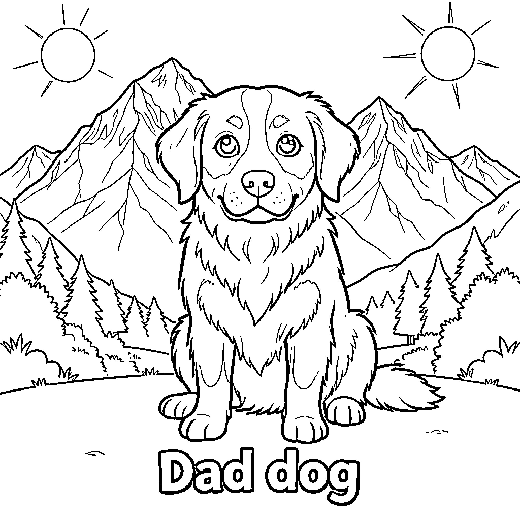 Bernese Mountain Dog enjoying the mountain scenery Coloring Page (free black-and-white line drawing printable PDF for all, from beginners to advanced learners, including children, teens, adults, and seniors)