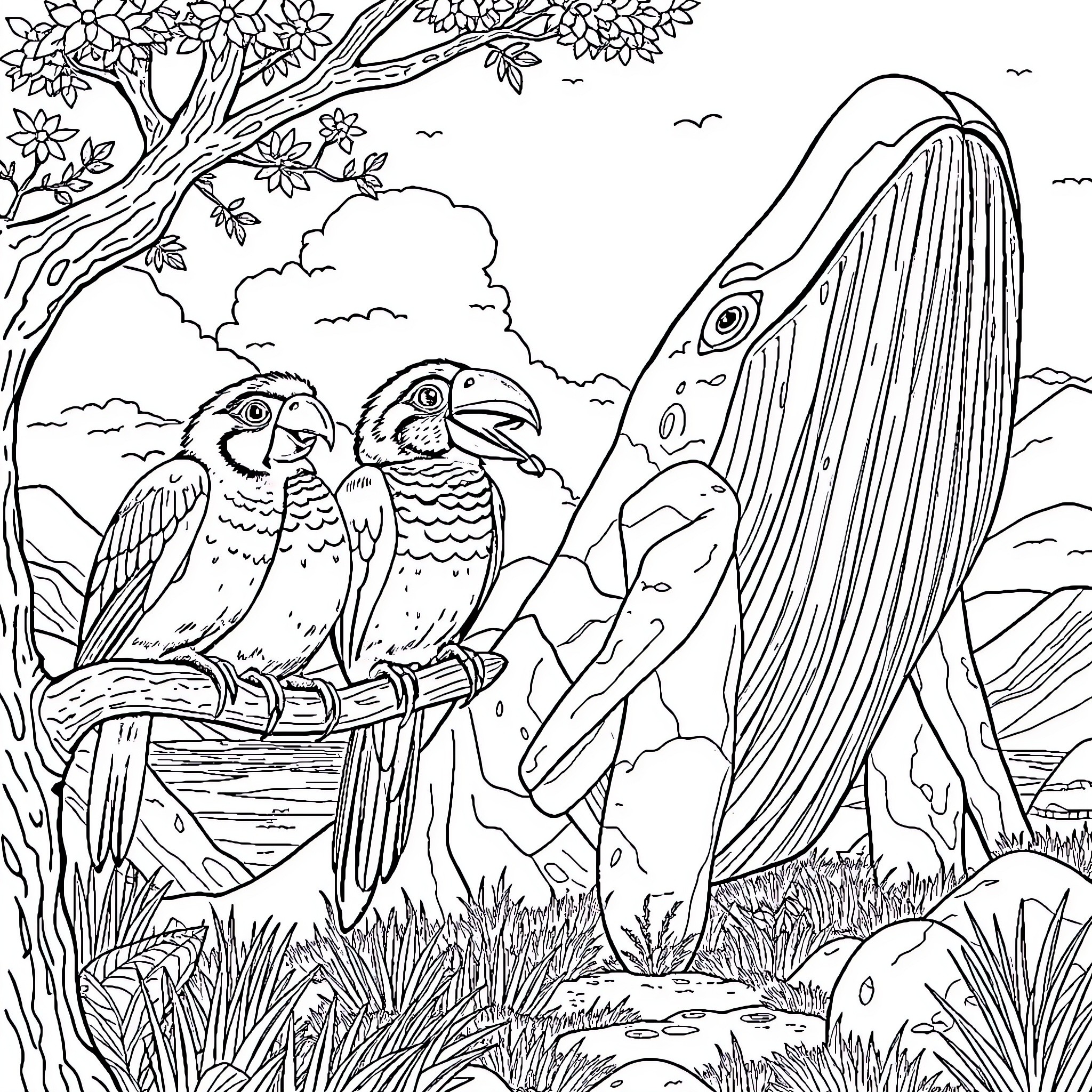 Birds perched on a branch in nature Coloring Page (free black-and-white line drawing printable PDF for all, from beginners to advanced learners, including children, teens, adults, and seniors)