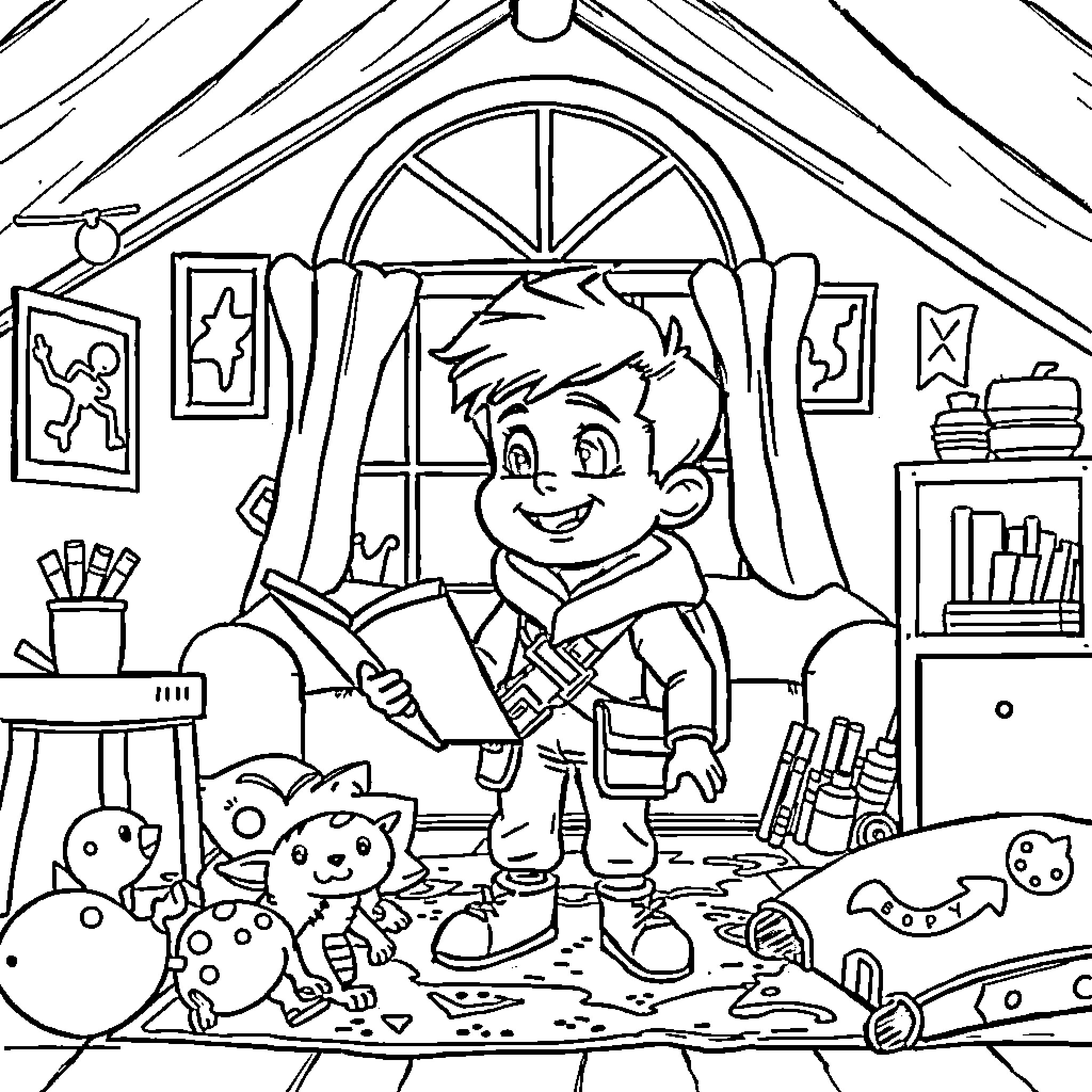 Leo's Messy Art Corner Coloring Page (free black-and-white line drawing printable PDF for all, from beginners to advanced learners, including children, teens, adults, and seniors)