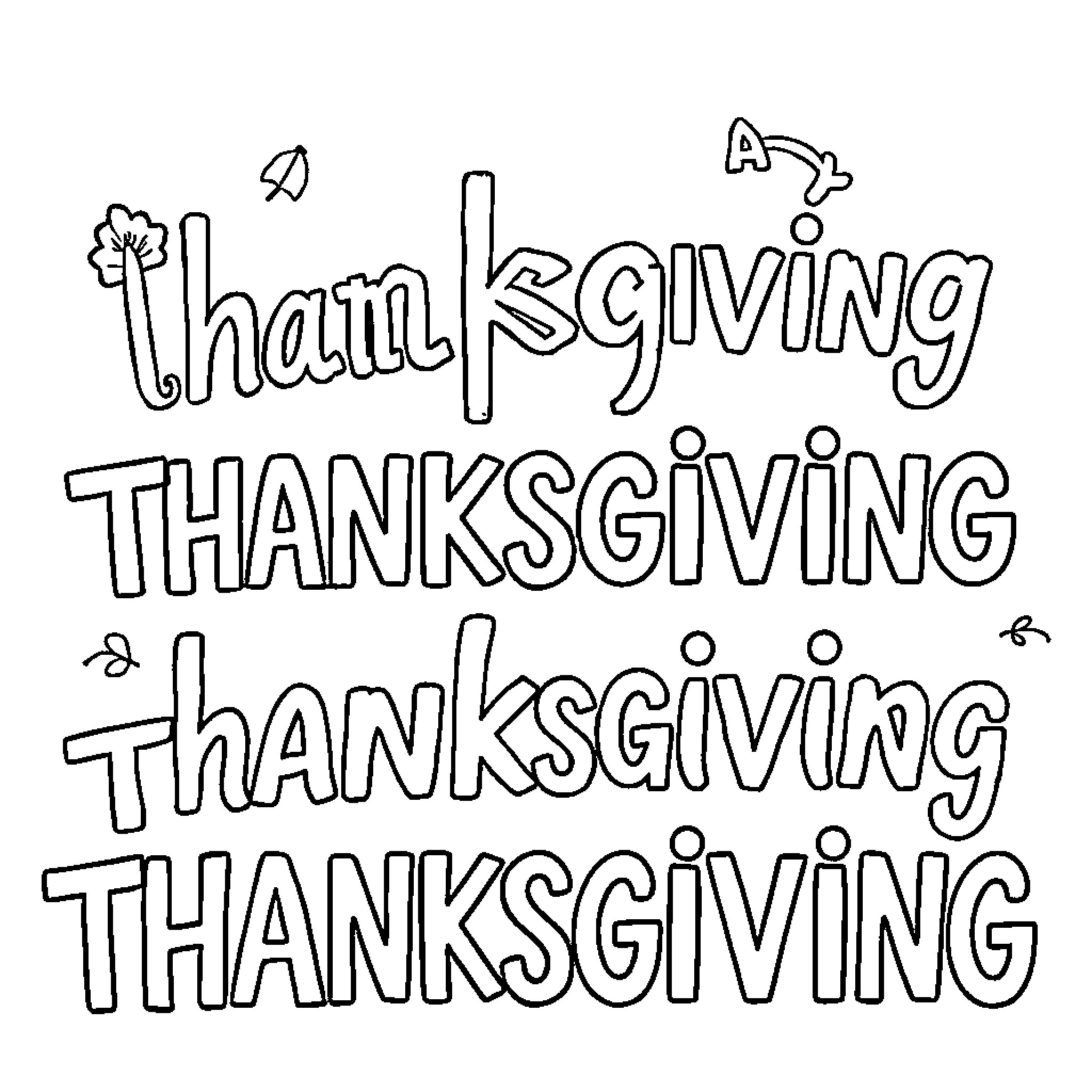 Thanksgiving Word Art with Holiday Symbols Coloring Page (free black-and-white line drawing printable PDF for all, from beginners to advanced learners, including children, teens, adults, and seniors)