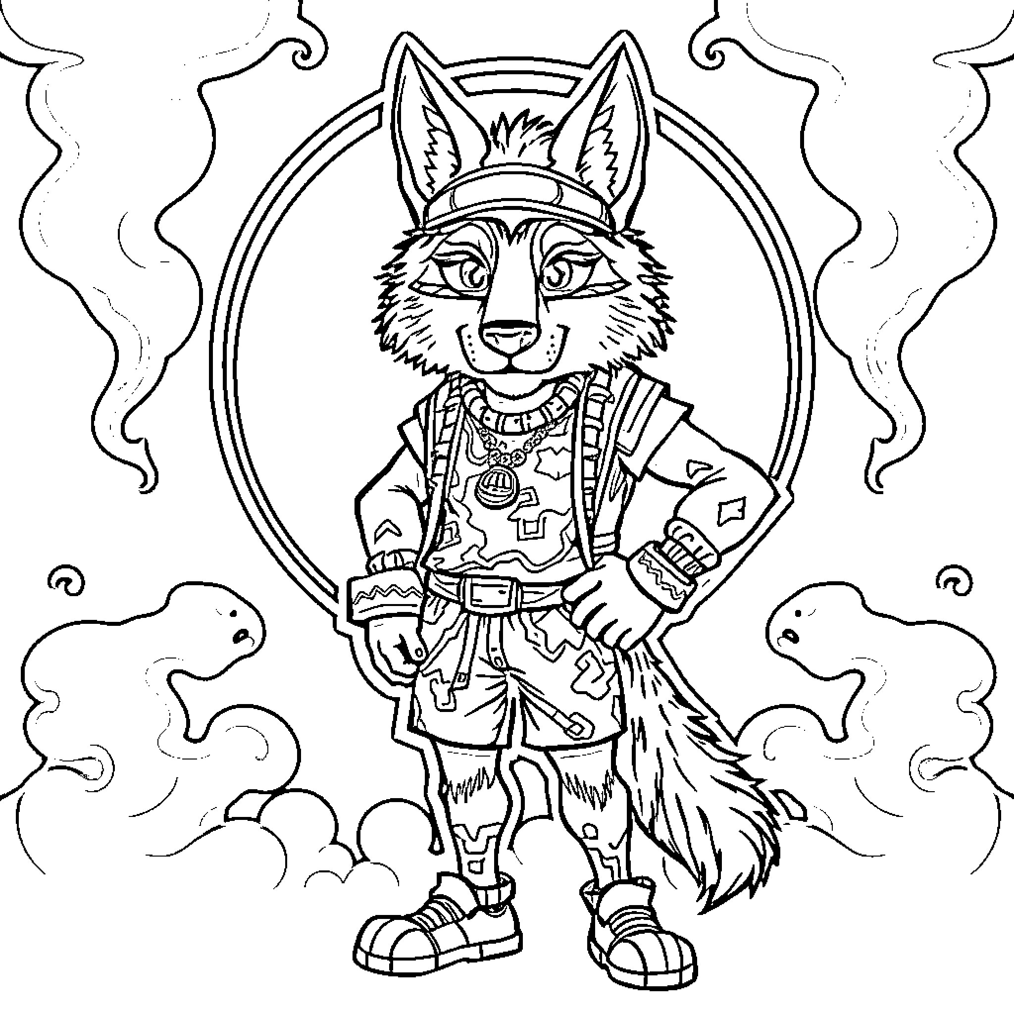 Wolf character in traditional outfit Coloring Page (free black-and-white line drawing printable PDF for all, from beginners to advanced learners, including children, teens, adults, and seniors)