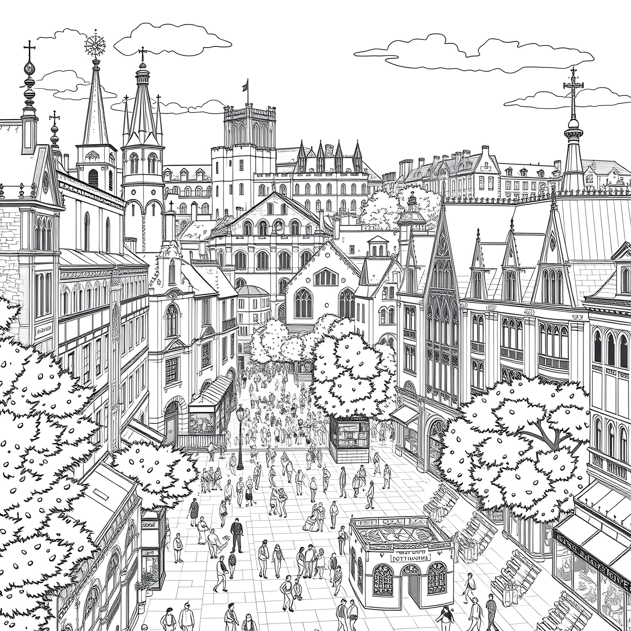 Nottingham: A Bustling City of Architectural Wonders Coloring Page (free black-and-white line drawing printable PDF for all, from beginners to advanced learners, including children, teens, adults, and seniors)