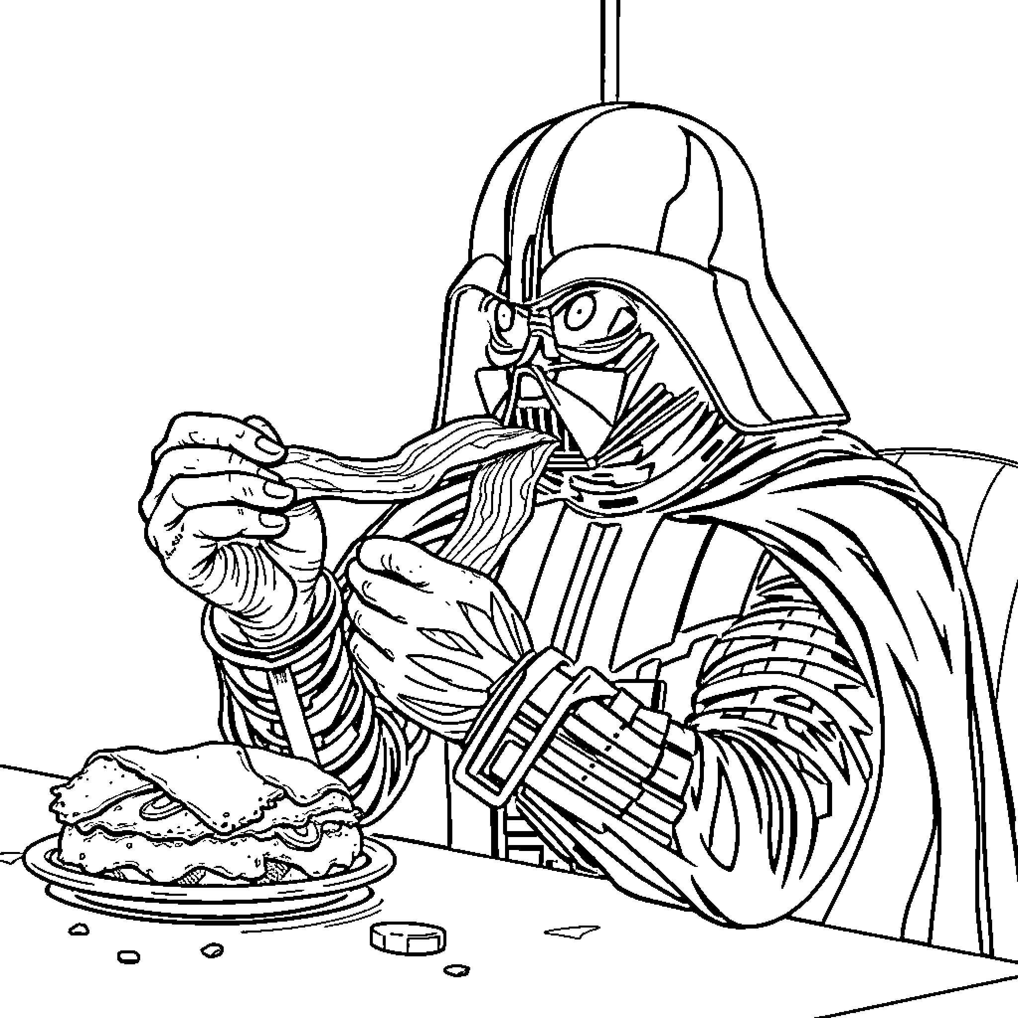 Darth Vader enjoying a meal Coloring Page (free black-and-white line drawing printable PDF for all, from beginners to advanced learners, including children, teens, adults, and seniors)