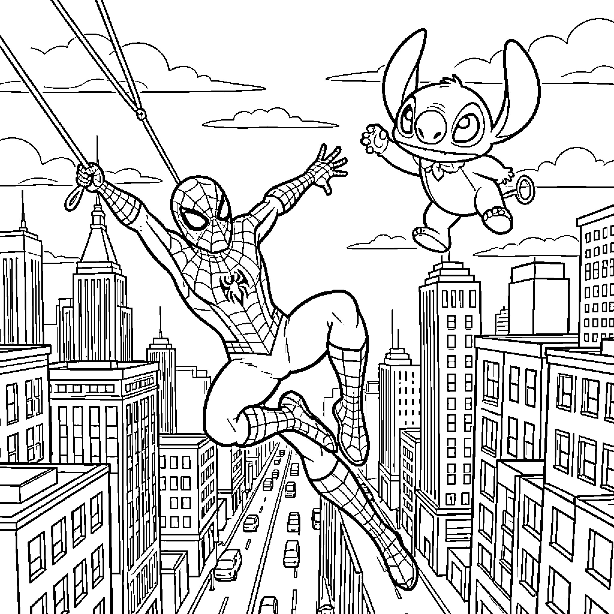 Spiderman swinging through the city with Stitch Coloring Page (free black-and-white line drawing printable PDF for all, from beginners to advanced learners, including children, teens, adults, and seniors)