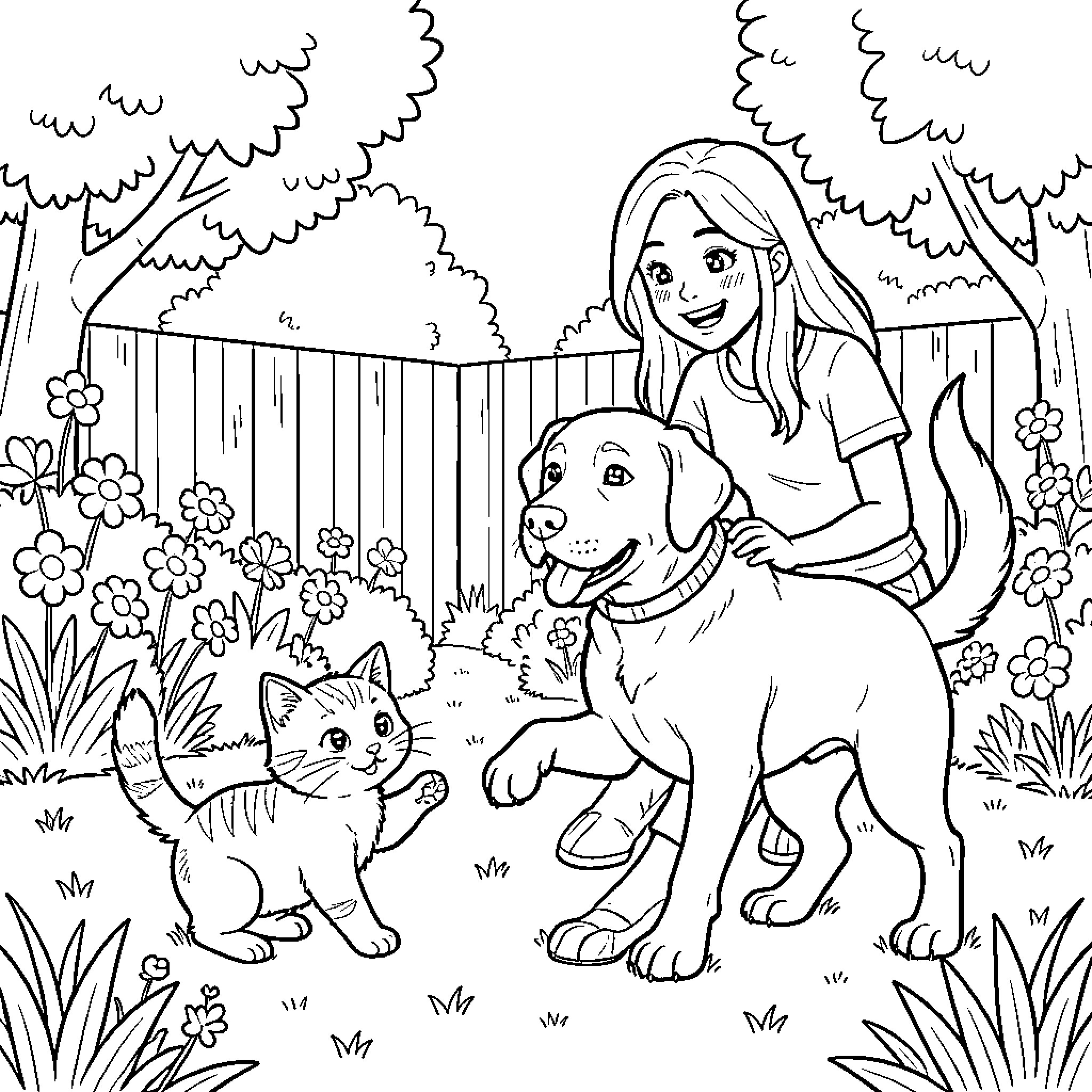 Kitten, dog, and girl playing together outdoors Coloring Page (free black-and-white line drawing printable PDF for all, from beginners to advanced learners, including children, teens, adults, and seniors)