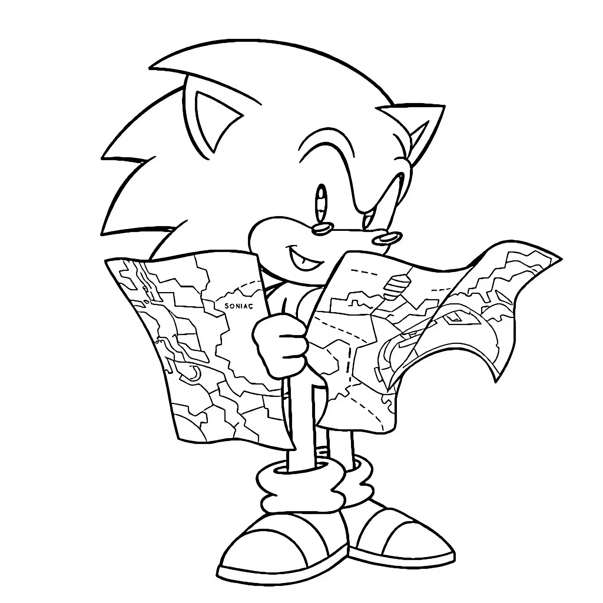 Sonic exploring the map with determination Coloring Page (free black-and-white line drawing printable PDF for all, from beginners to advanced learners, including children, teens, adults, and seniors)