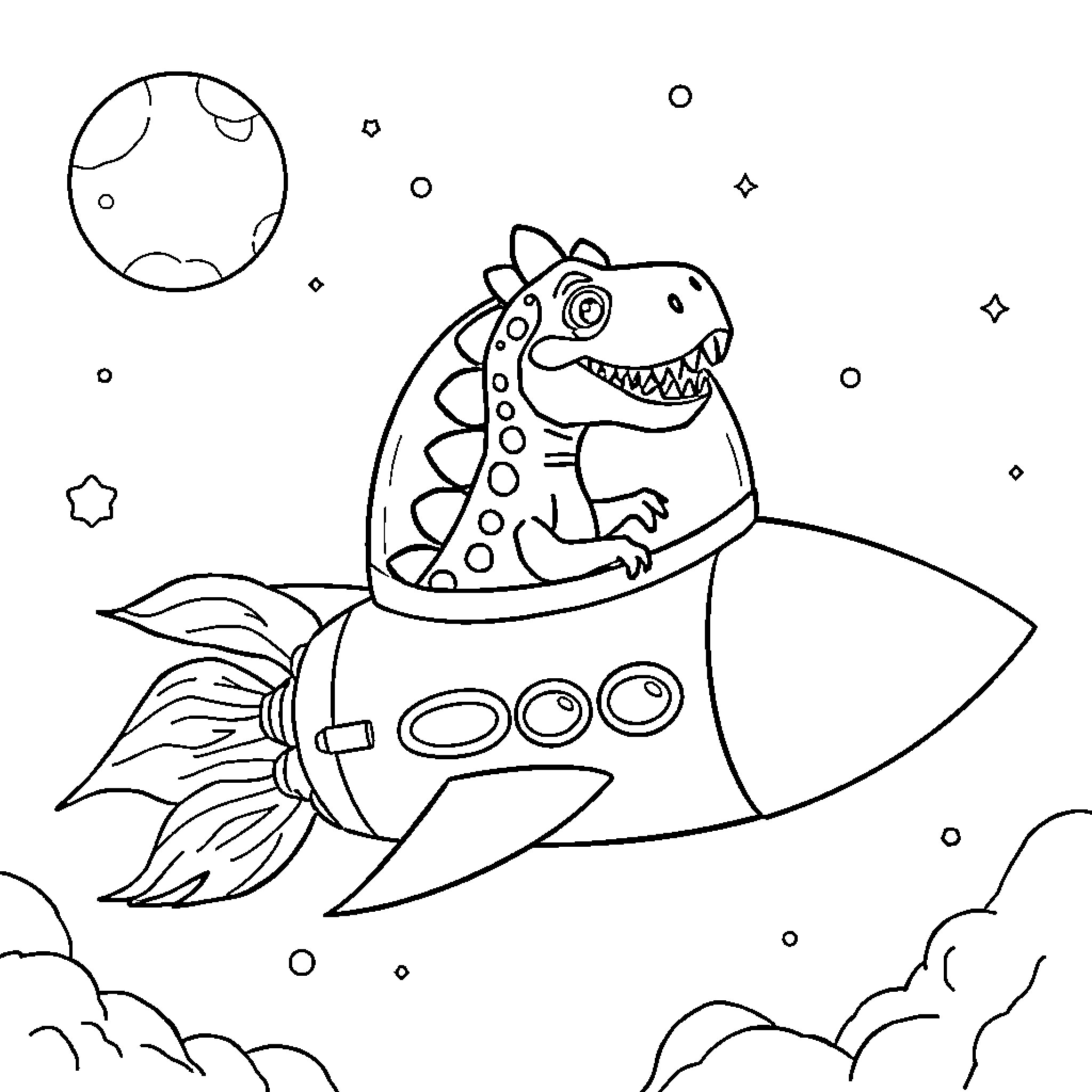 Dinosaur riding a rocket ship in space Coloring Page (free black-and-white line drawing printable PDF for all, from beginners to advanced learners, including children, teens, adults, and seniors)