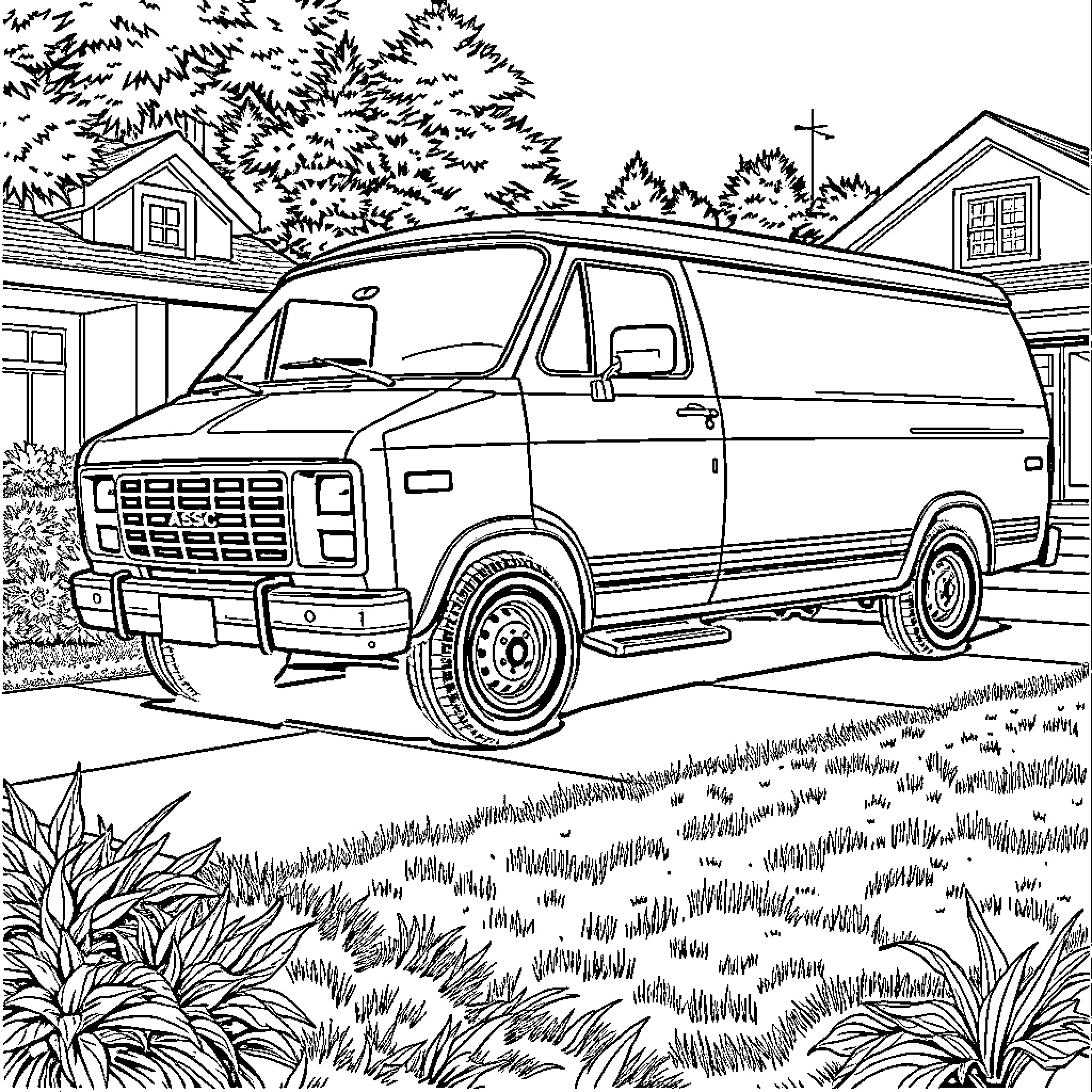 Astro Van parked in scenic neighborhood Coloring Page (free black-and-white line drawing printable PDF for all, from beginners to advanced learners, including children, teens, adults, and seniors)