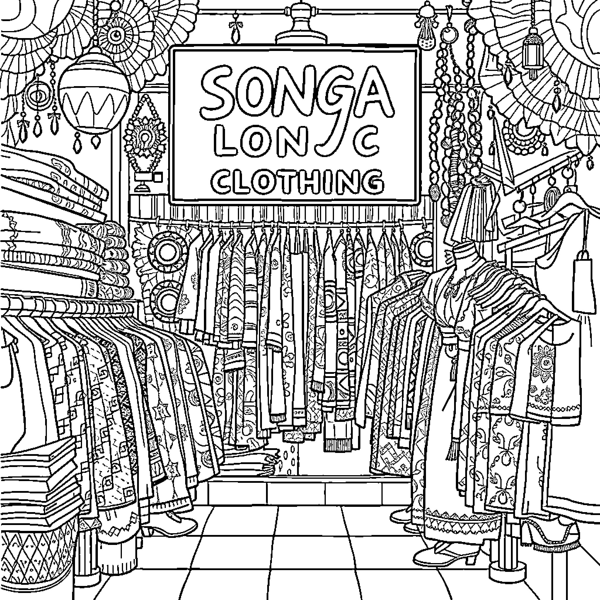 Songa's Long Clothing Boutique Coloring Page (free black-and-white line drawing printable PDF for all, from beginners to advanced learners, including children, teens, adults, and seniors)