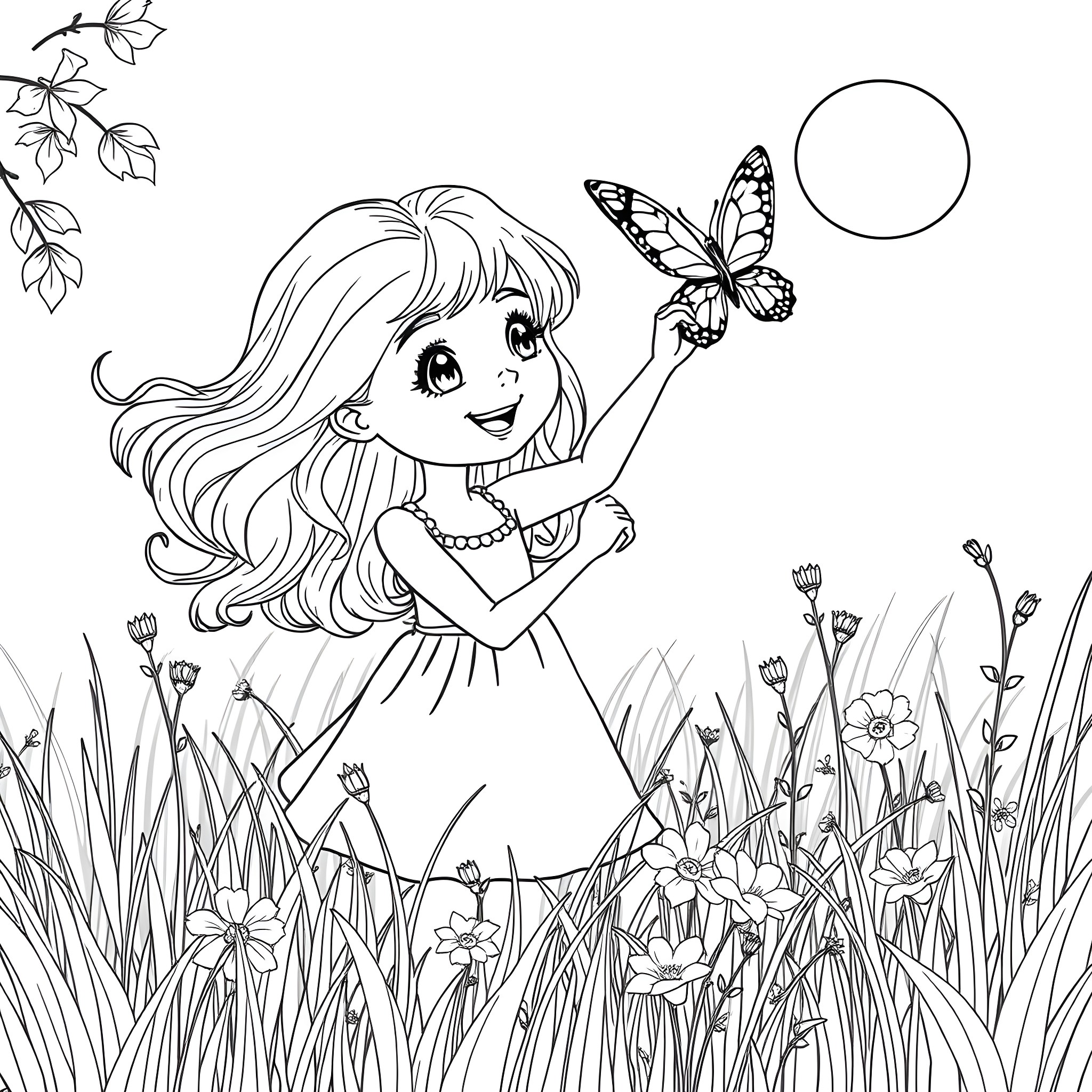 Girl playing with butterfly in a floral meadow Coloring Page (free black-and-white line drawing printable PDF for all, from beginners to advanced learners, including children, teens, adults, and seniors)