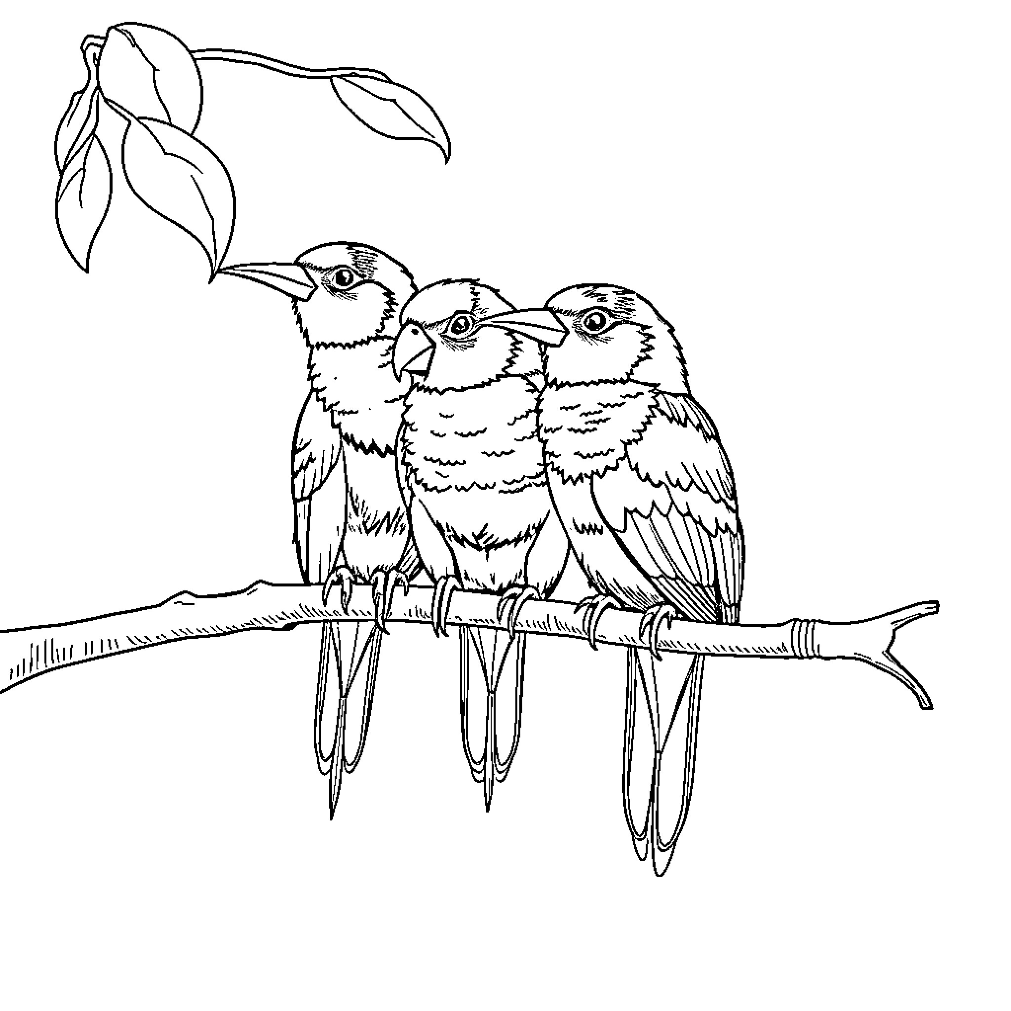 Birds perched on branch with leaves Coloring Page (free black-and-white line drawing printable PDF for all, from beginners to advanced learners, including children, teens, adults, and seniors)