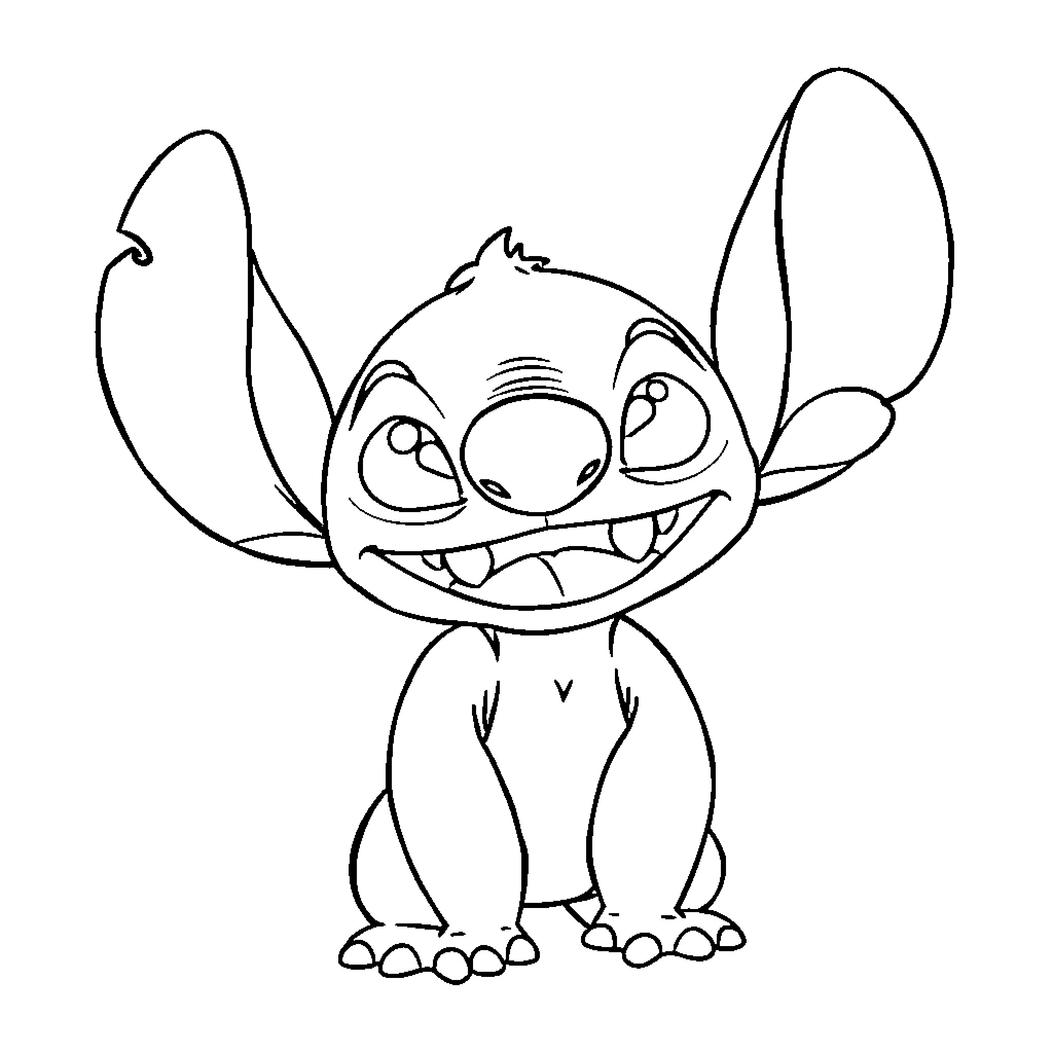 Stitch grinning mischievously in black and white Coloring Page (free black-and-white line drawing printable PDF for all, from beginners to advanced learners, including children, teens, adults, and seniors)