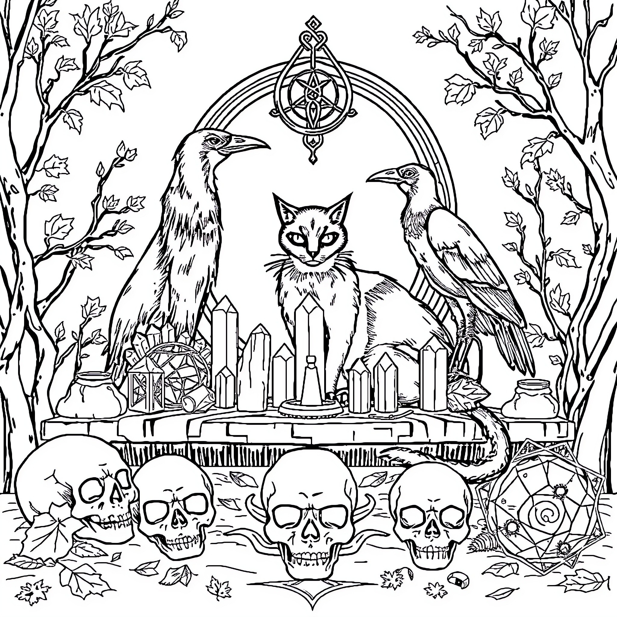 Cat among mystical symbols and skulls in nature Coloring Page (free black-and-white line drawing printable PDF for all, from beginners to advanced learners, including children, teens, adults, and seniors)