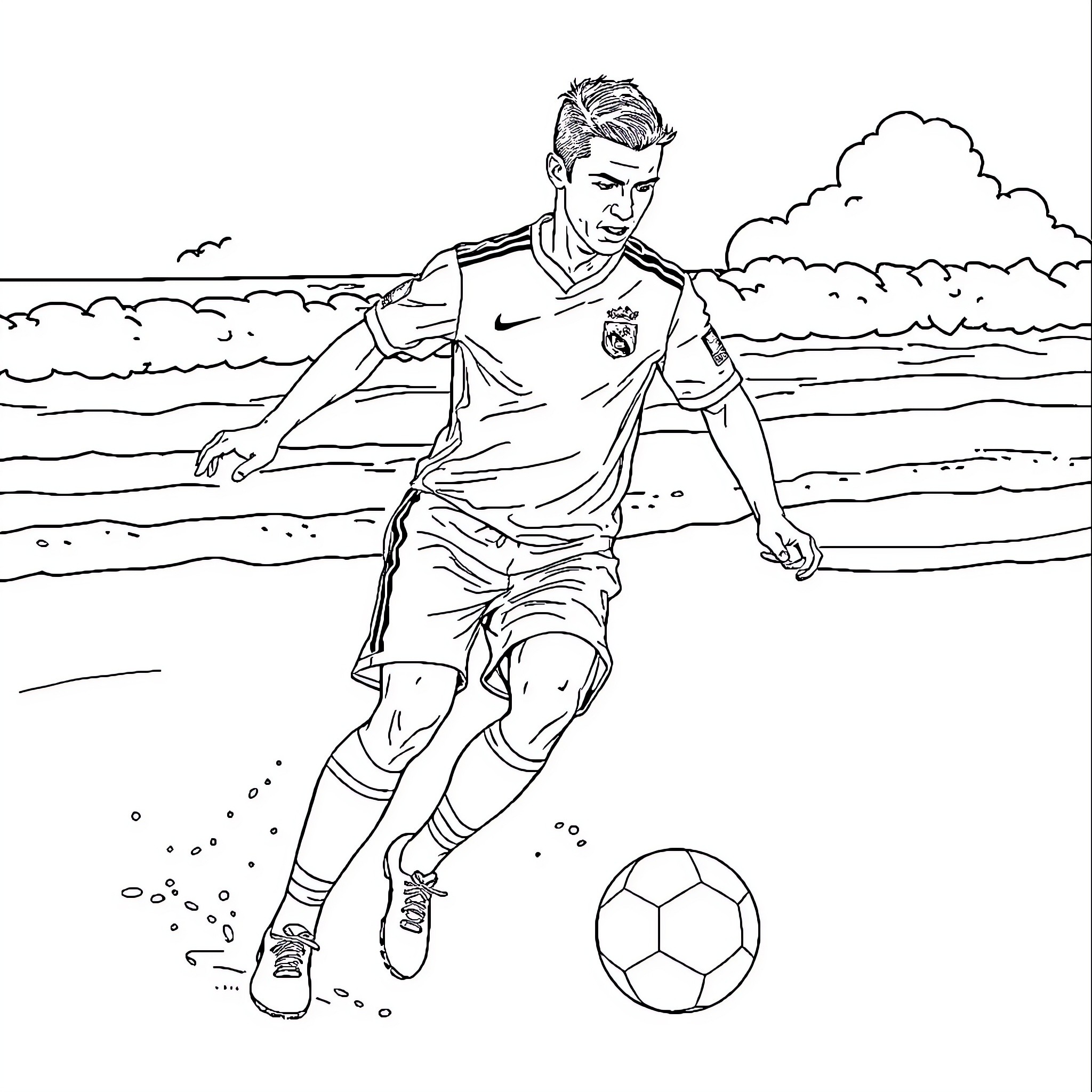 Ronaldo playing soccer on the beach Coloring Page (free black-and-white line drawing printable PDF for all, from beginners to advanced learners, including children, teens, adults, and seniors)