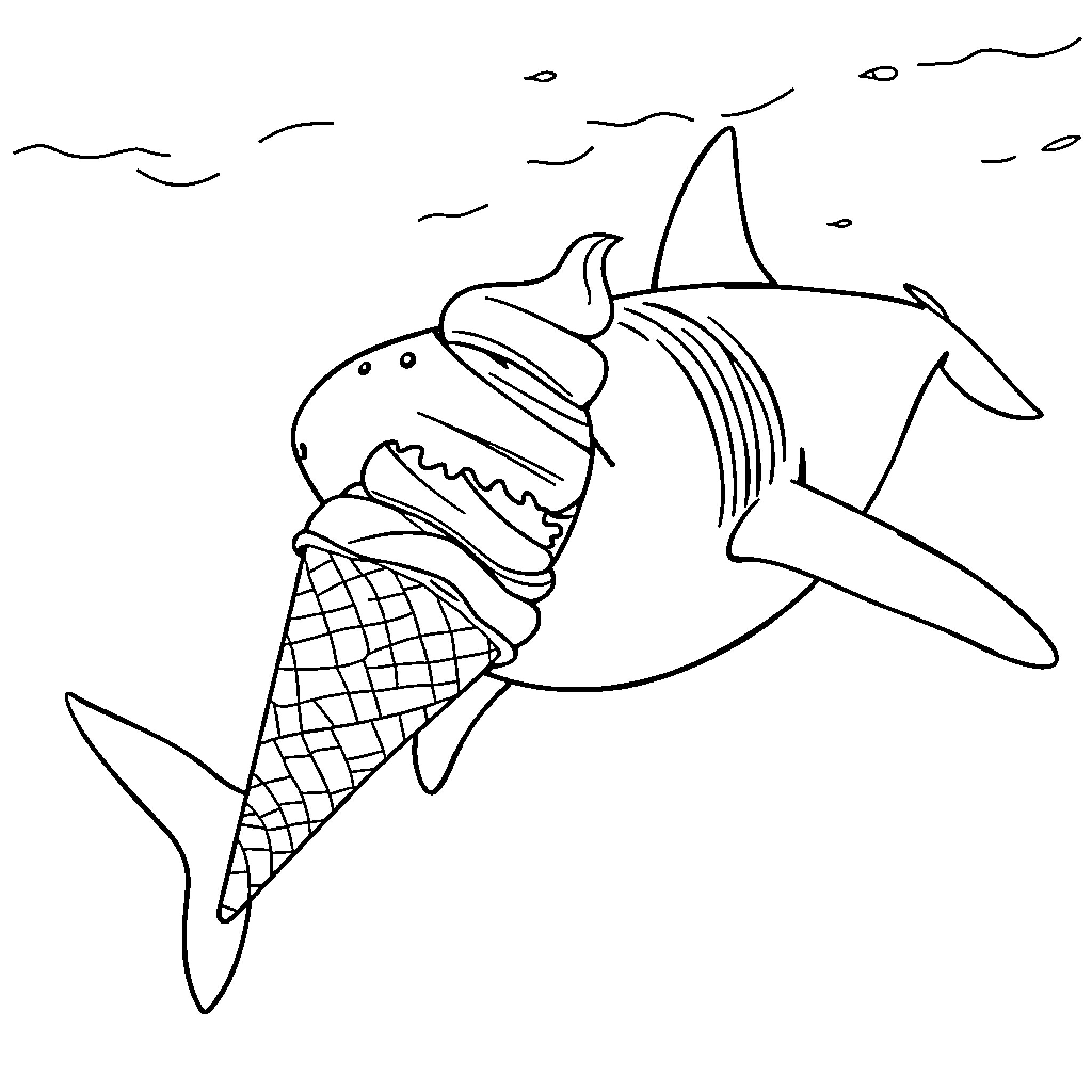 Whale Shark enjoying an ice cream cone Coloring Page (free black-and-white line drawing printable PDF for all, from beginners to advanced learners, including children, teens, adults, and seniors)