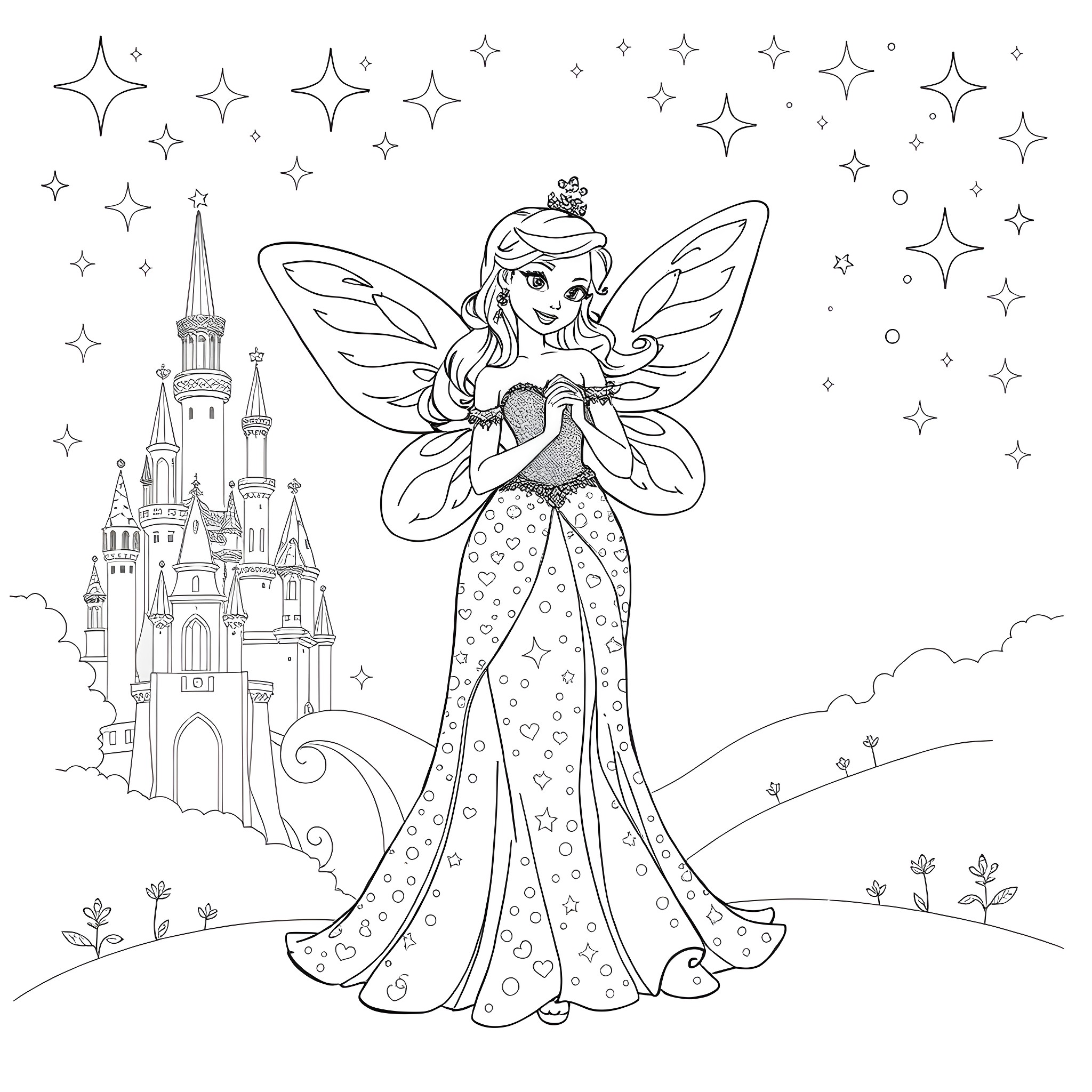 Fancy Nancy's Fairy Tale Castle Coloring Page (free black-and-white line drawing printable PDF for all, from beginners to advanced learners, including children, teens, adults, and seniors)