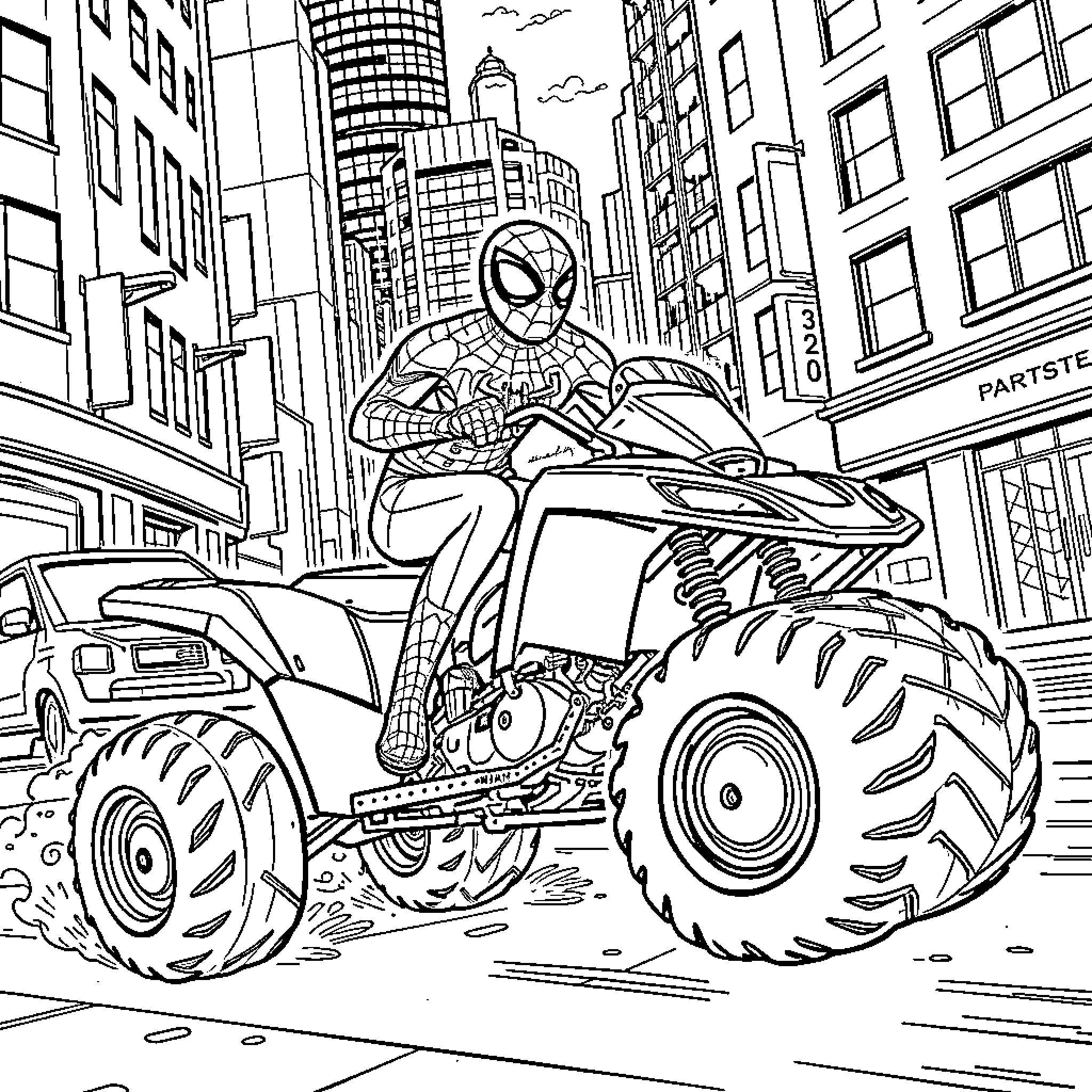 Spider-Man on a Monster Truck in the City Coloring Page (free black-and-white line drawing printable PDF for all, from beginners to advanced learners, including children, teens, adults, and seniors)