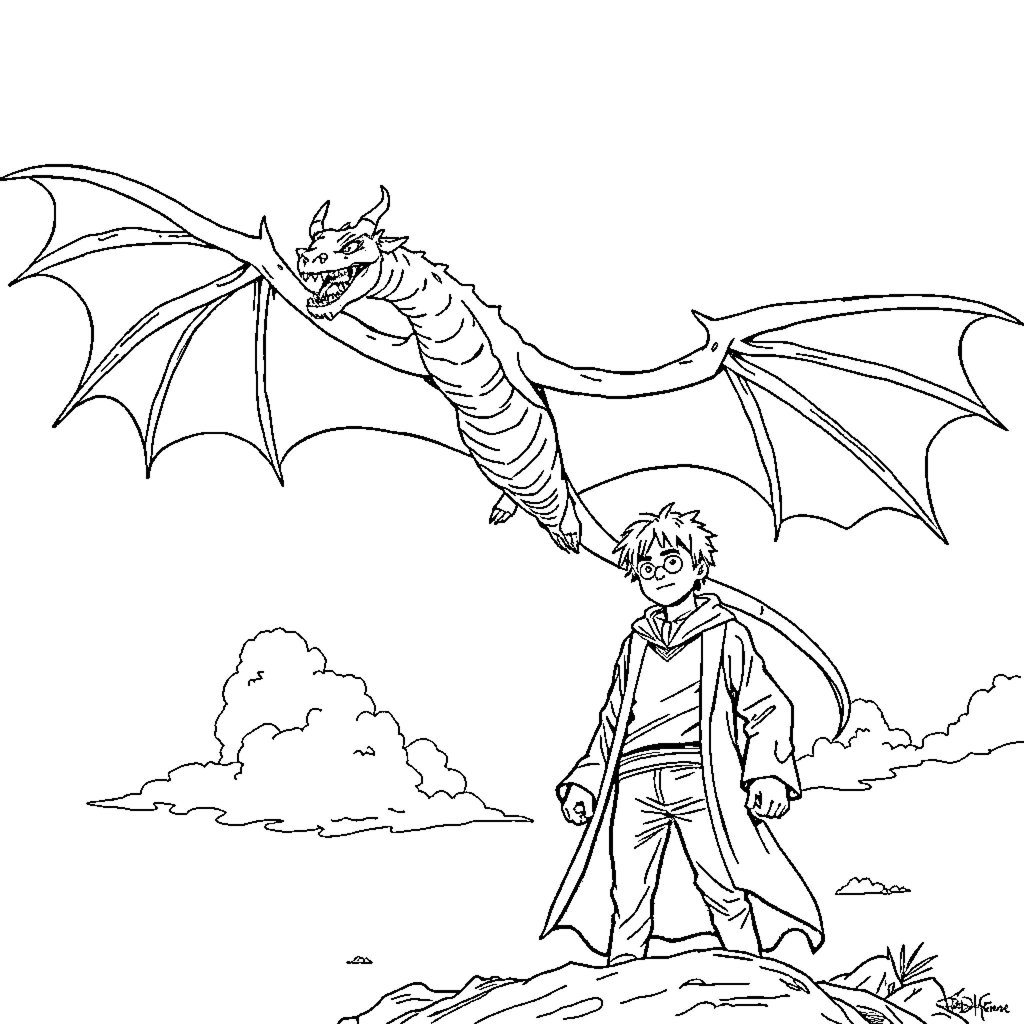 Dragon soaring above a person in a field Coloring Page (free black-and-white line drawing printable PDF for all, from beginners to advanced learners, including children, teens, adults, and seniors)