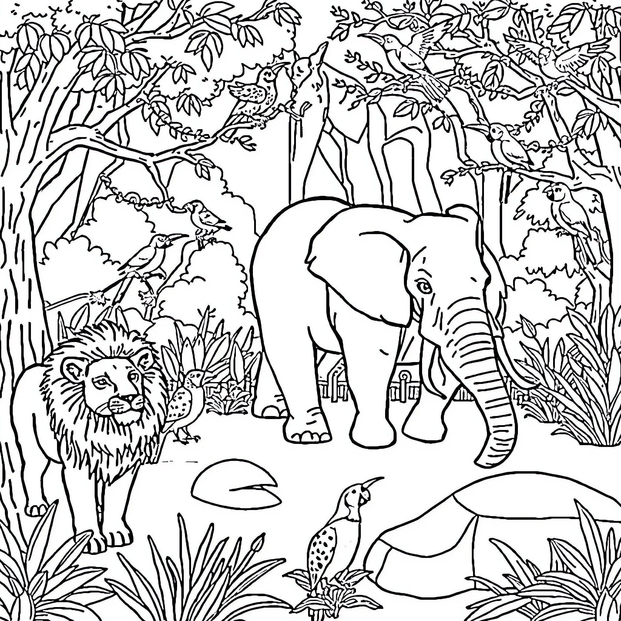 Animal friends in the lush jungle Coloring Page (free black-and-white line drawing printable PDF for all, from beginners to advanced learners, including children, teens, adults, and seniors)