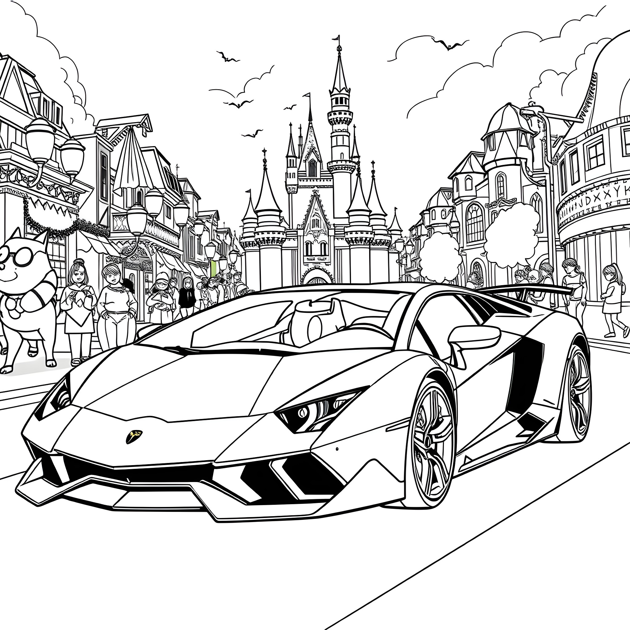 Batman's Luxury Sports Car Cruising Through Fantasy Theme Park Coloring Page (free black-and-white line drawing printable PDF for all, from beginners to advanced learners, including children, teens, adults, and seniors)