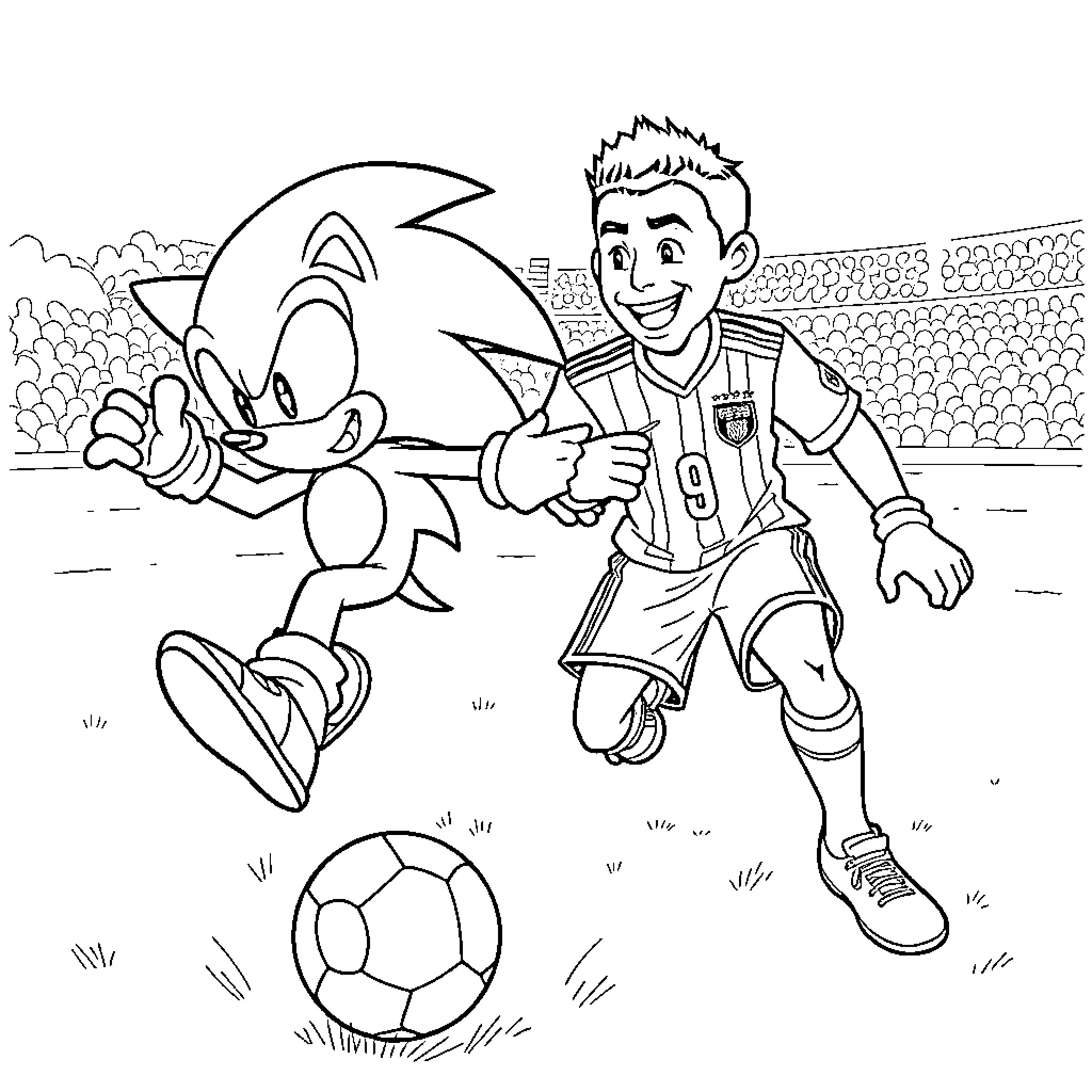 Sonic and a human playing soccer on the field Coloring Page (free black-and-white line drawing printable PDF for all, from beginners to advanced learners, including children, teens, adults, and seniors)