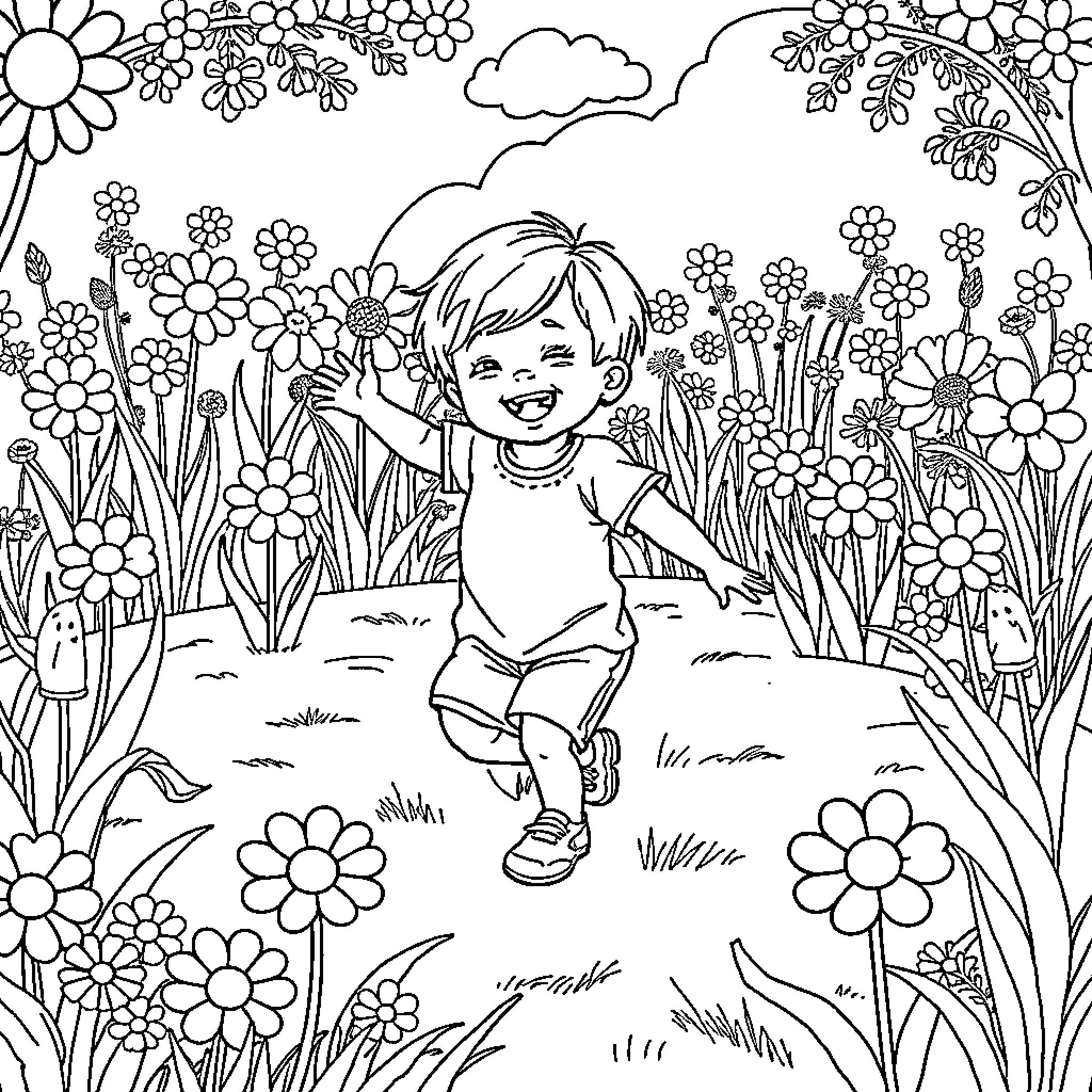 Child enjoying the flowery meadow Coloring Page (free black-and-white line drawing printable PDF for all, from beginners to advanced learners, including children, teens, adults, and seniors)