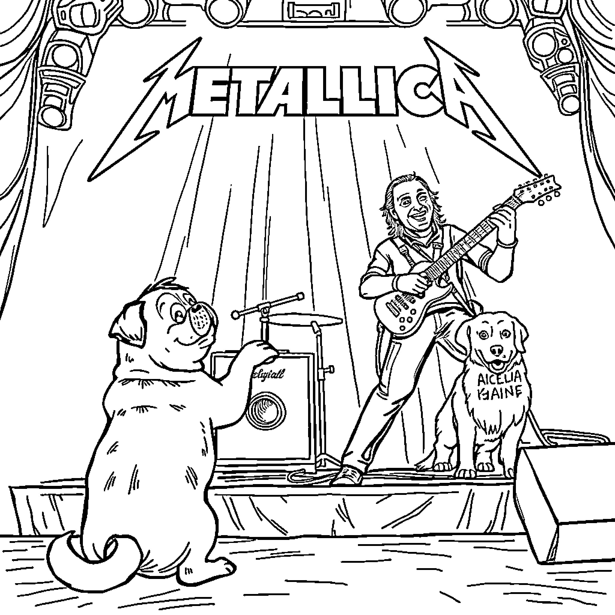 Metallica band members performing on stage Coloring Page (free black-and-white line drawing printable PDF for all, from beginners to advanced learners, including children, teens, adults, and seniors)