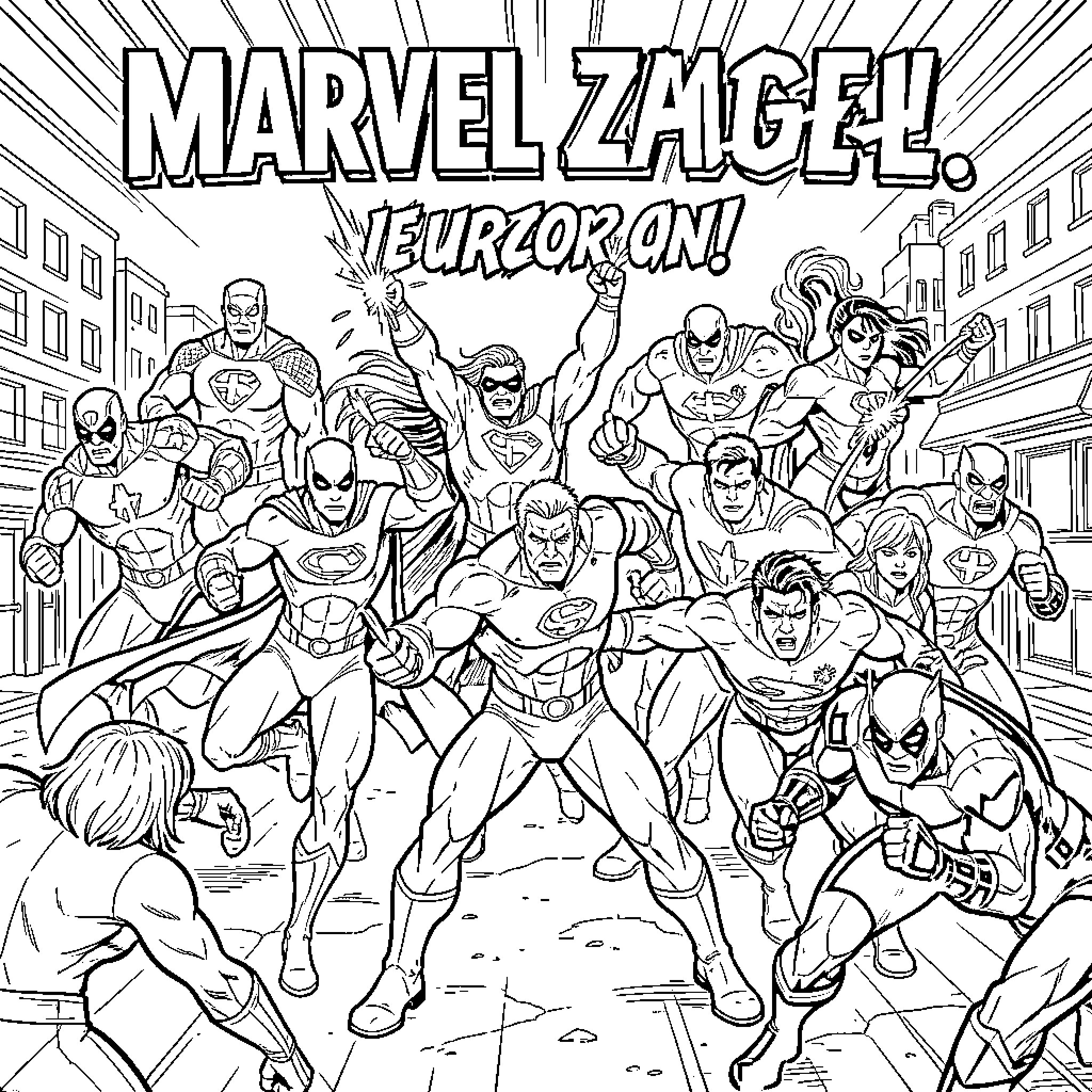 Marvel Team superheroes posing heroically in a city street Coloring Page (free black-and-white line drawing printable PDF for all, from beginners to advanced learners, including children, teens, adults, and seniors)