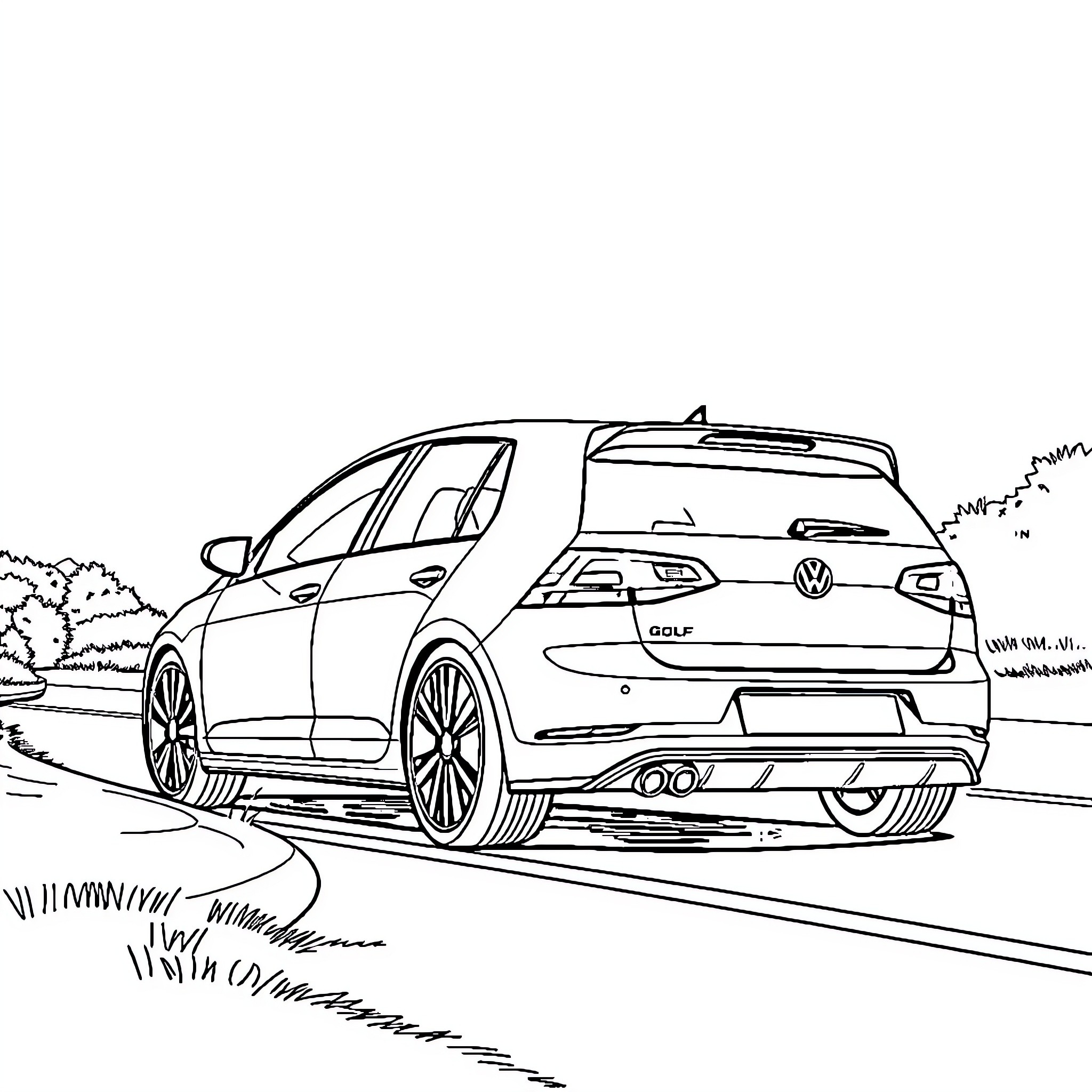 Volkswagen Golf driving on a winding road Coloring Page (free black-and-white line drawing printable PDF for all, from beginners to advanced learners, including children, teens, adults, and seniors)