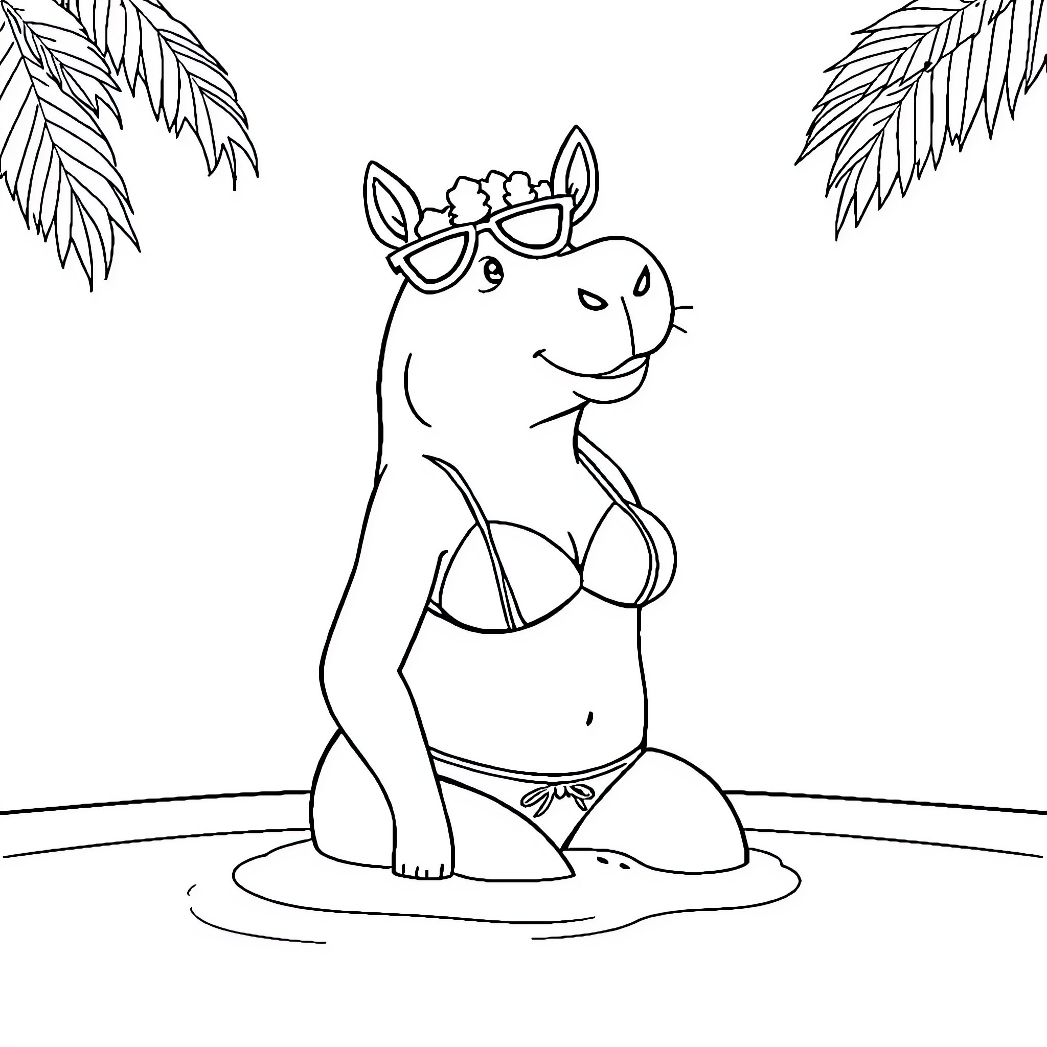 Capybara enjoying a relaxing day at the beach Coloring Page (free black-and-white line drawing printable PDF for all, from beginners to advanced learners, including children, teens, adults, and seniors)