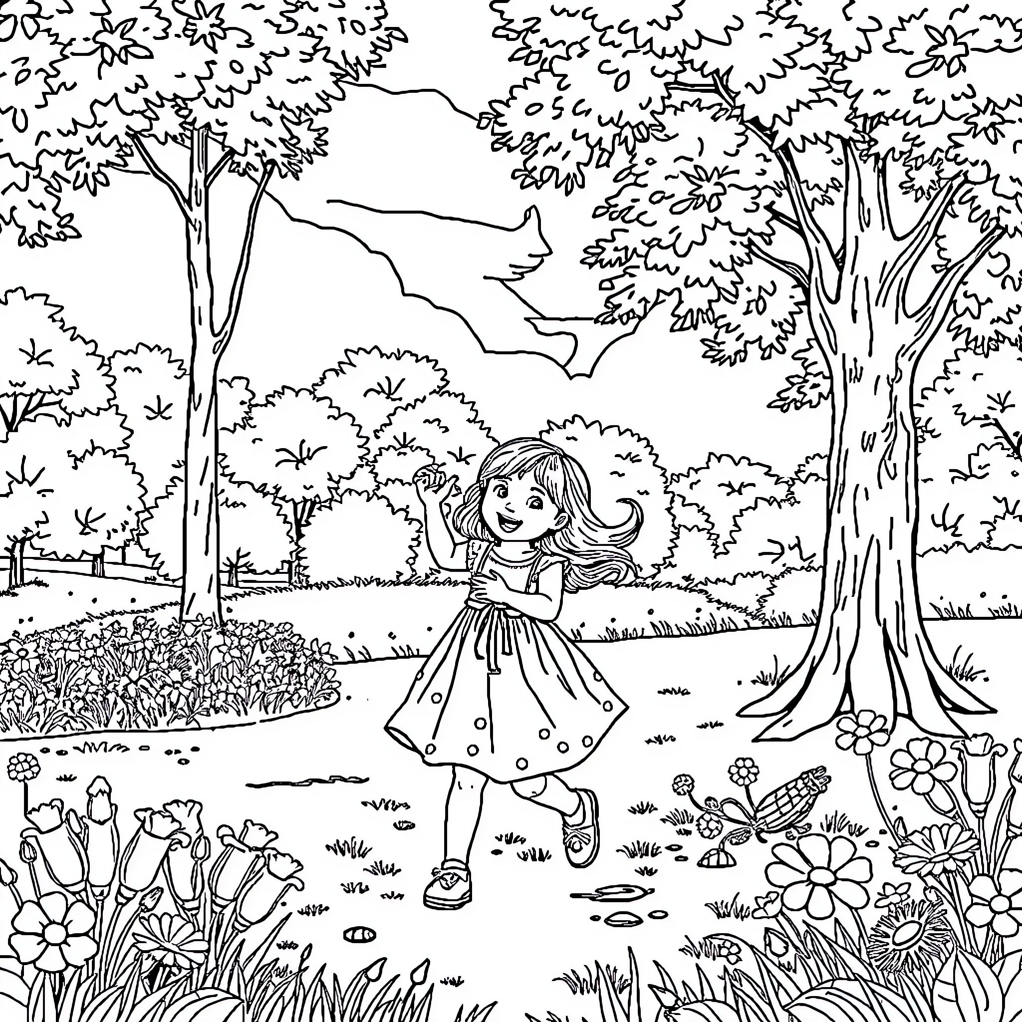 Daughter exploring the enchanting forest landscape Coloring Page (free black-and-white line drawing printable PDF for all, from beginners to advanced learners, including children, teens, adults, and seniors)