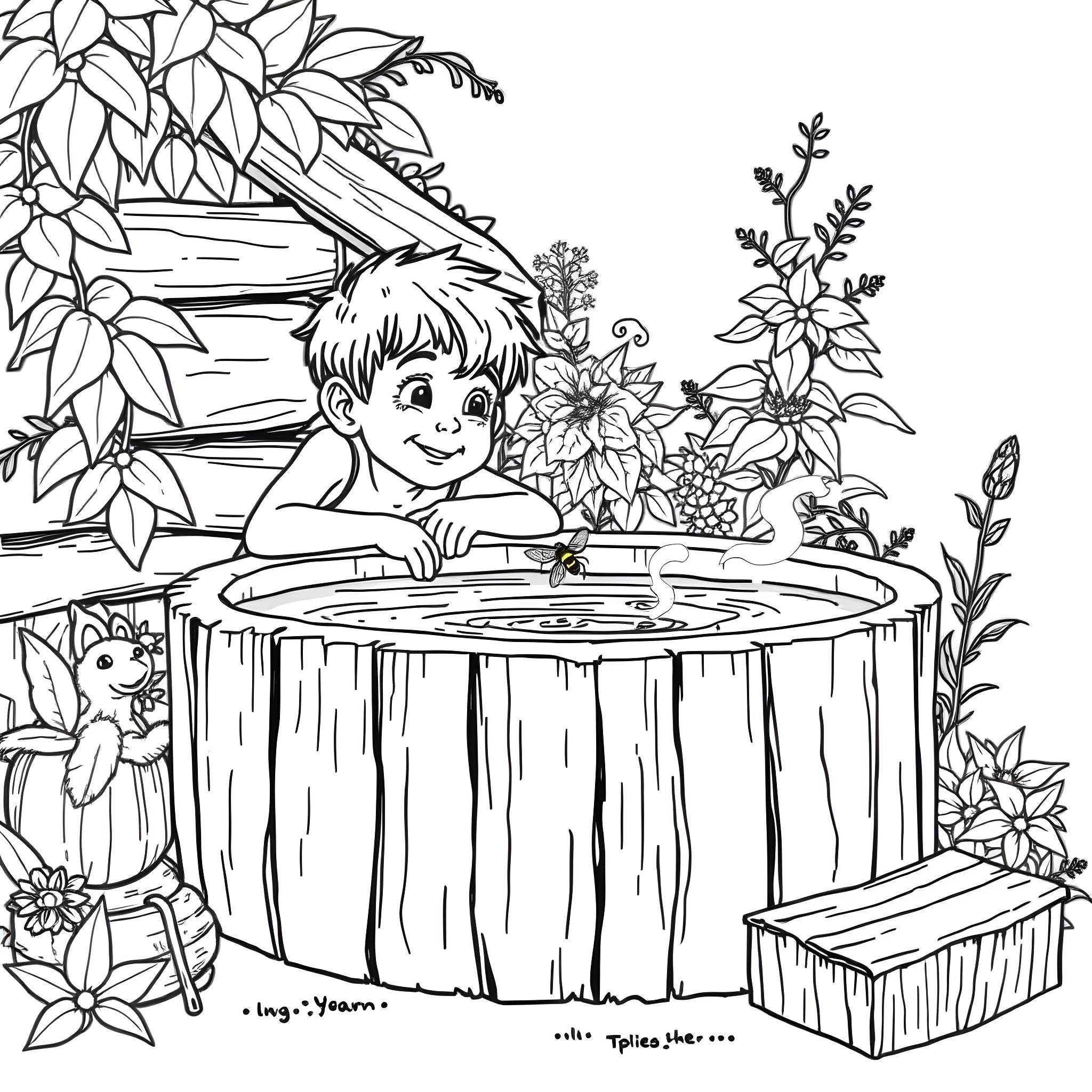 Child playing happily in the garden with floral surroundings Coloring Page (free black-and-white line drawing printable PDF for all, from beginners to advanced learners, including children, teens, adults, and seniors)