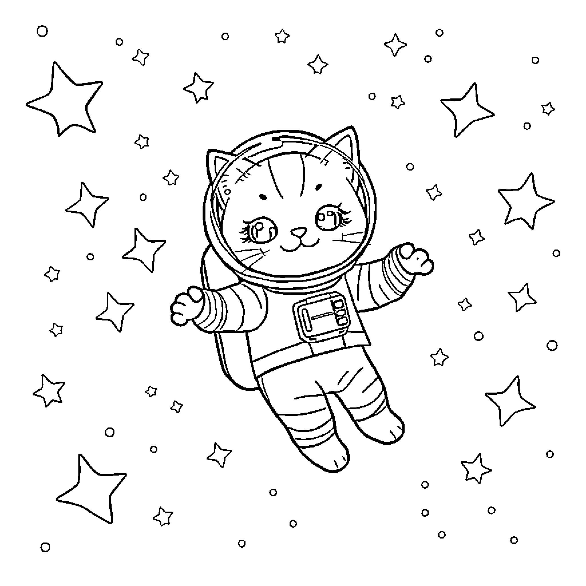 Cat astronaut exploring the starry cosmos Coloring Page (free black-and-white line drawing printable PDF for all, from beginners to advanced learners, including children, teens, adults, and seniors)