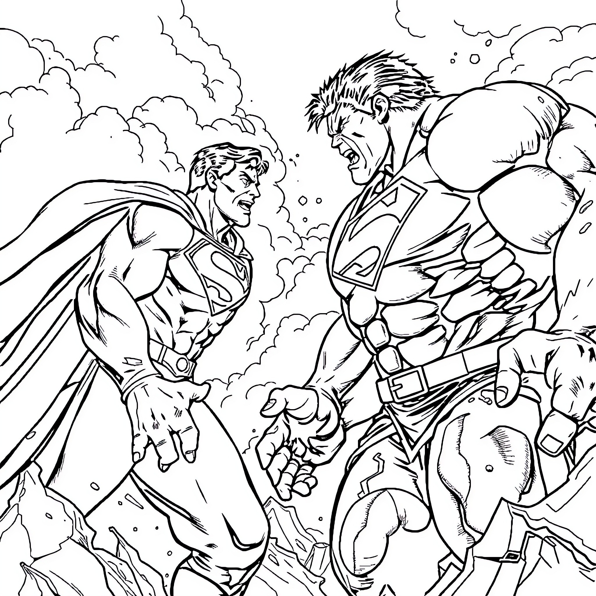 Superman in Fierce Battle with Muscular Adversary Coloring Page (free black-and-white line drawing printable PDF for all, from beginners to advanced learners, including children, teens, adults, and seniors)